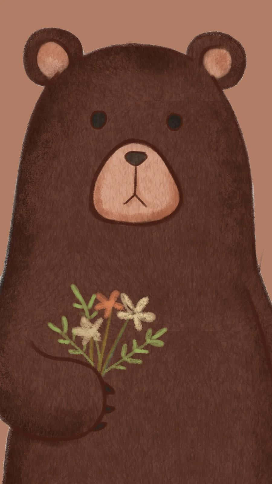 brown bear, wildflowers, solid terracotta background, HD Phone Wallpaper