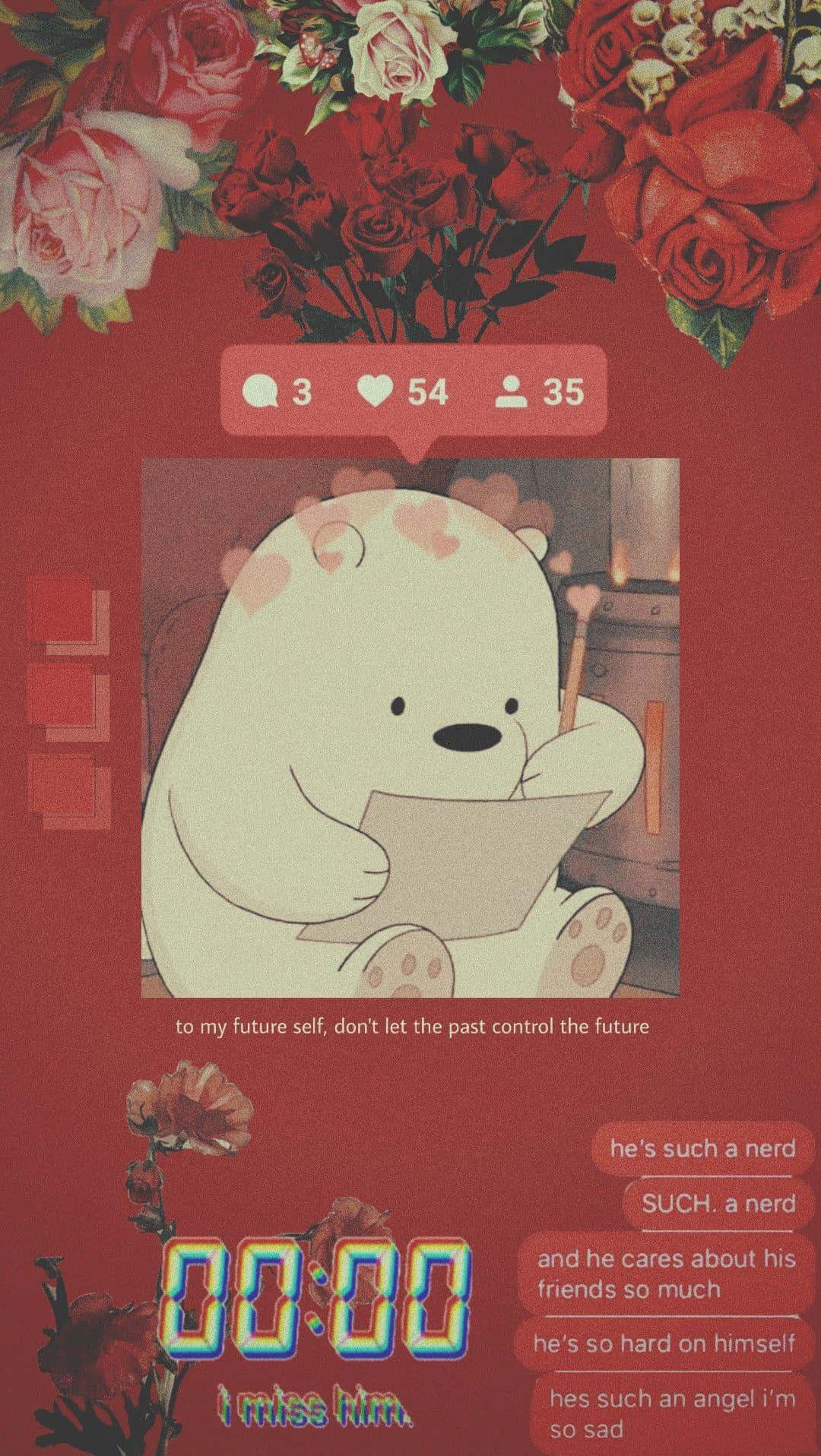 Aesthetic Bear, white cartoon bear, red roses, HD Phone Wallpaper