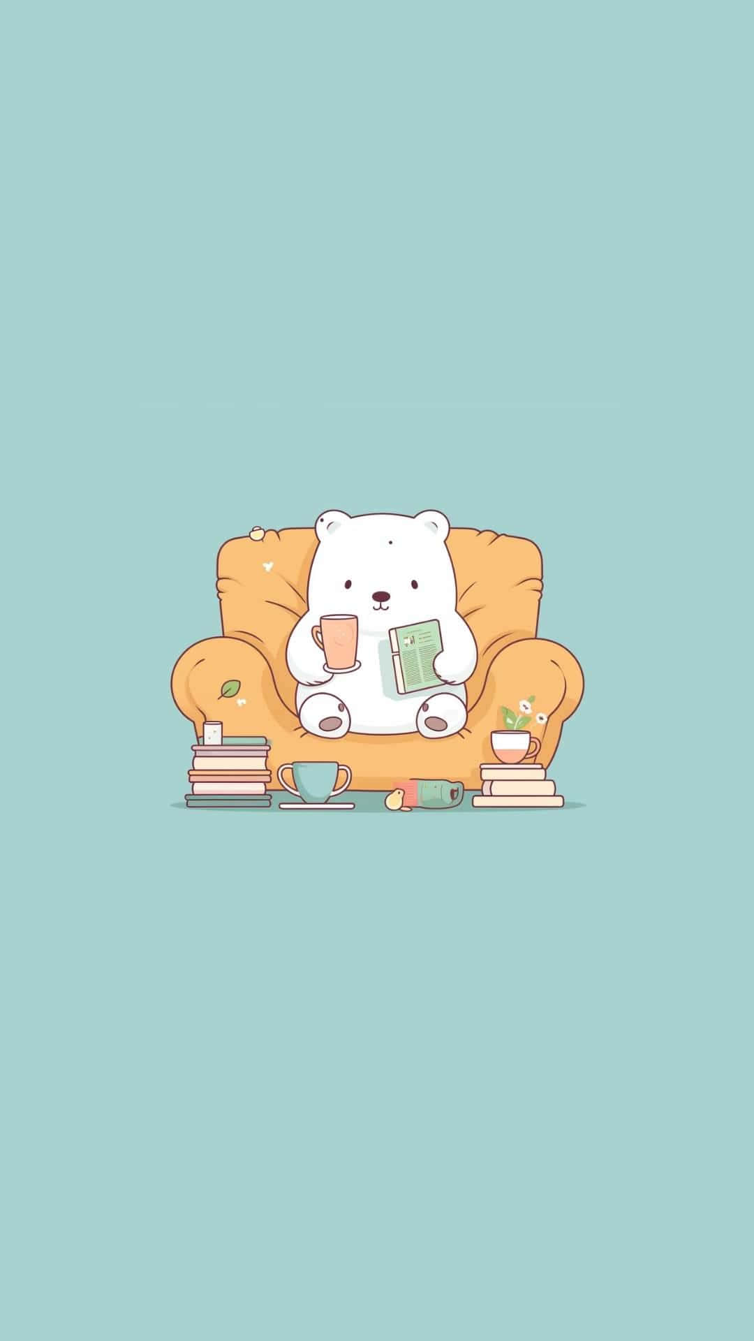 cozy reading bear, white bear, yellow armchair, Full HD Phone Wallpaper