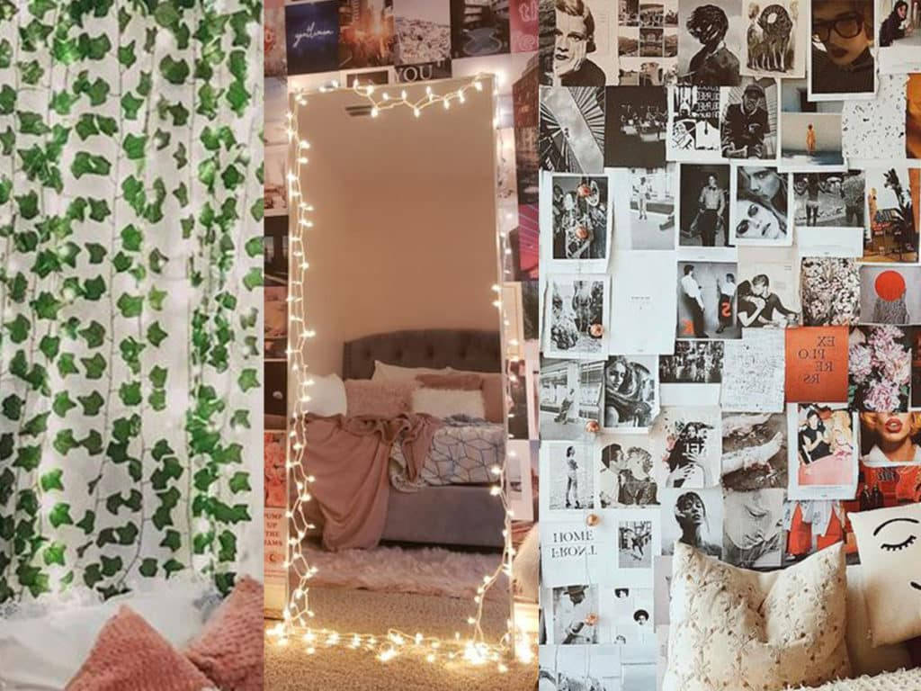 modern pastel aesthetic, ivy curtain string lights, wall covered in photos and art, SD Desktop Wallpaper