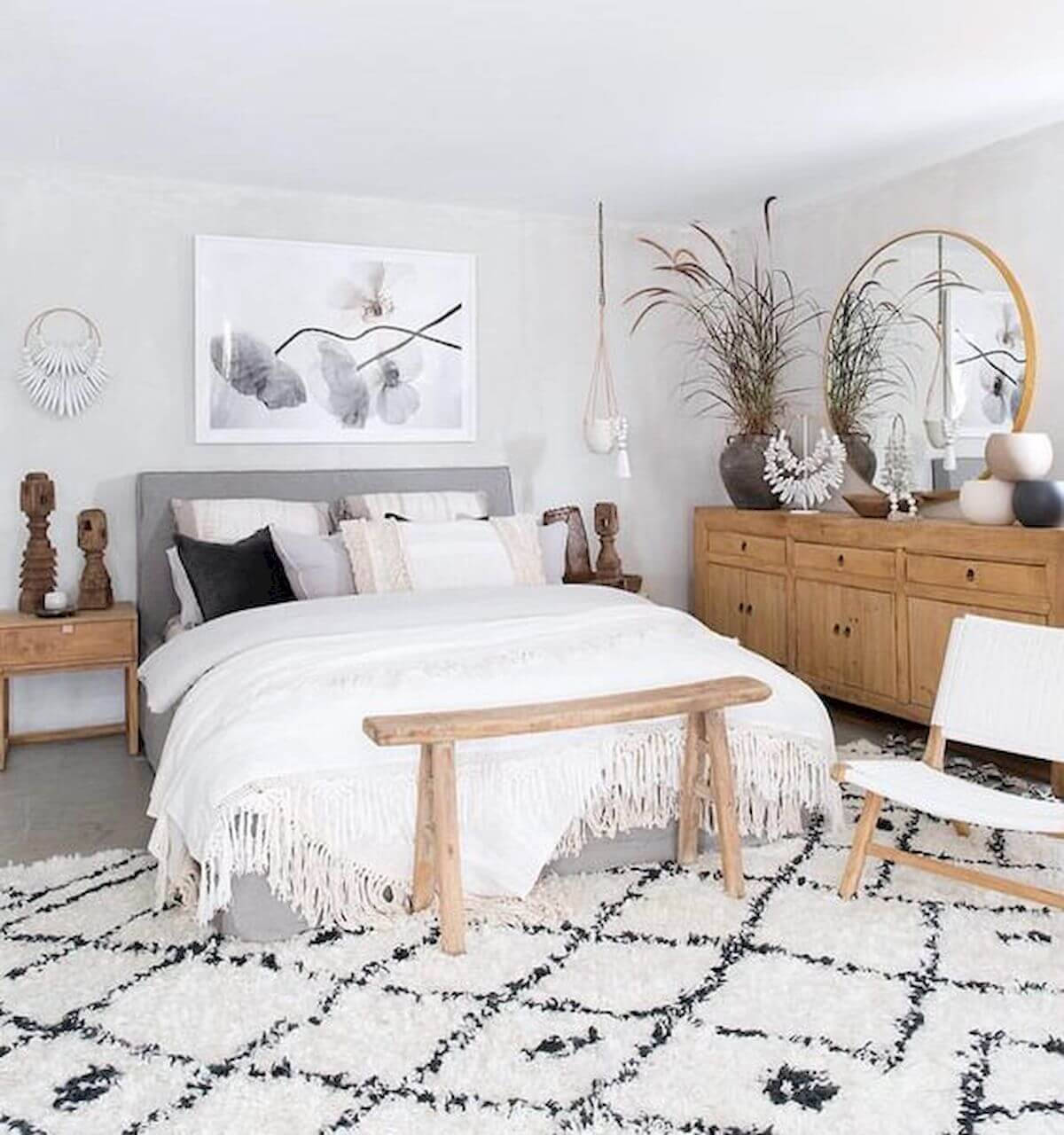 gray bed, white fringe blanket, wooden furniture, HD Phone Wallpaper