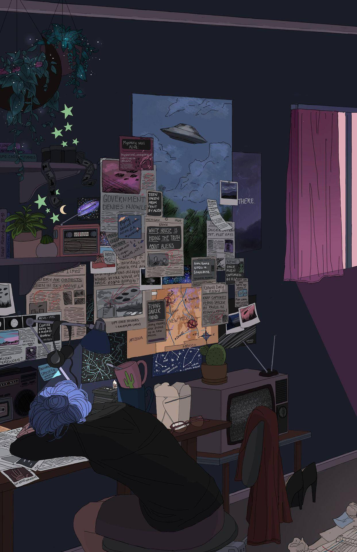 blue hair, cluttered desk, dim purple room, Full HD Phone Wallpaper