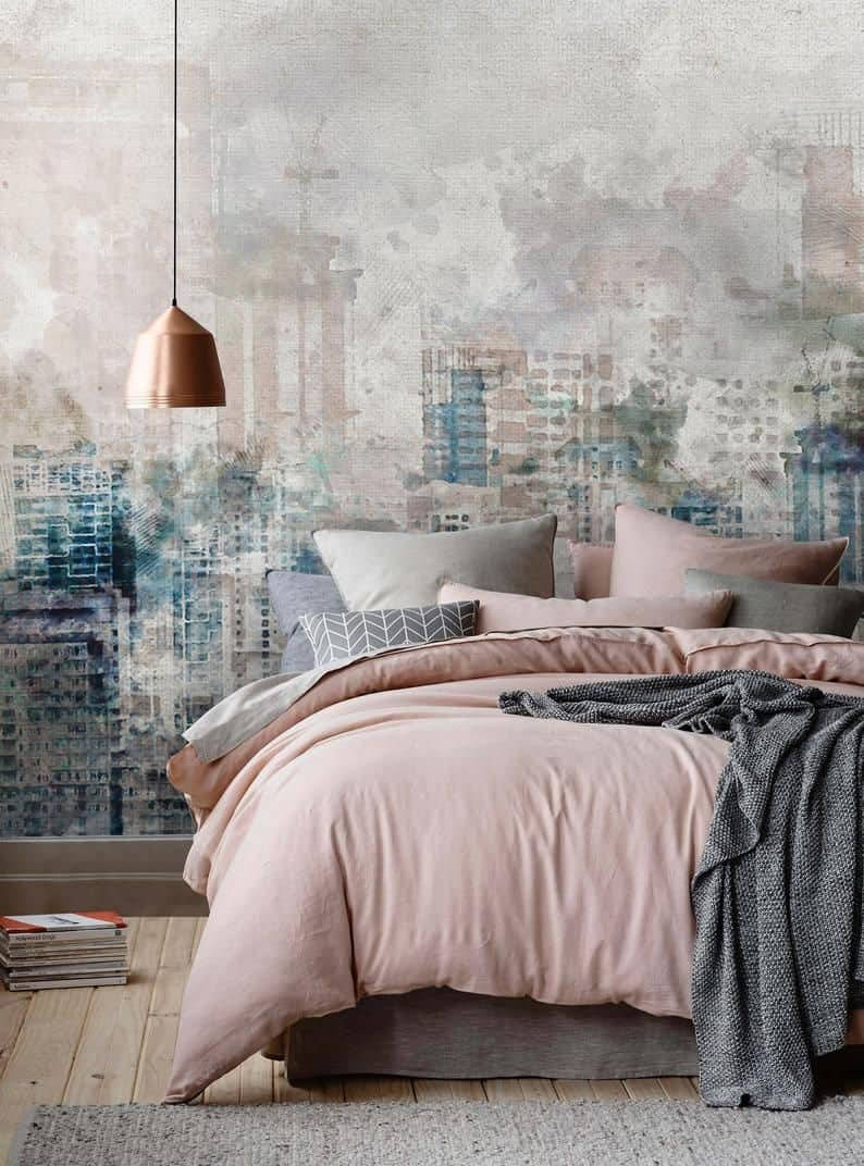 pink bed, city mural, muted cityscape, SD Phone Wallpaper