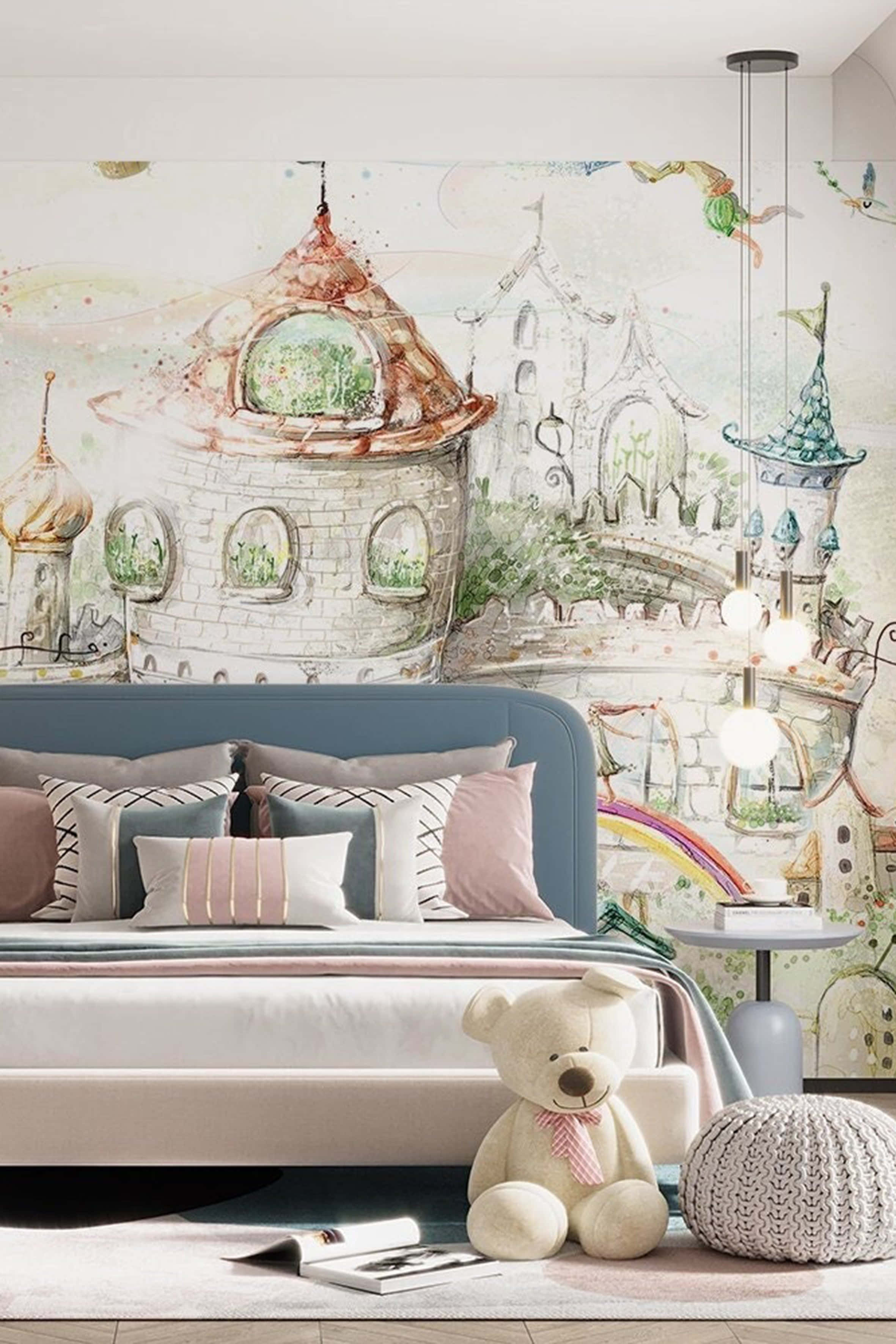 synthetic castle mural, watercolor castle mural, child's bedroom, 2K Phone Wallpaper