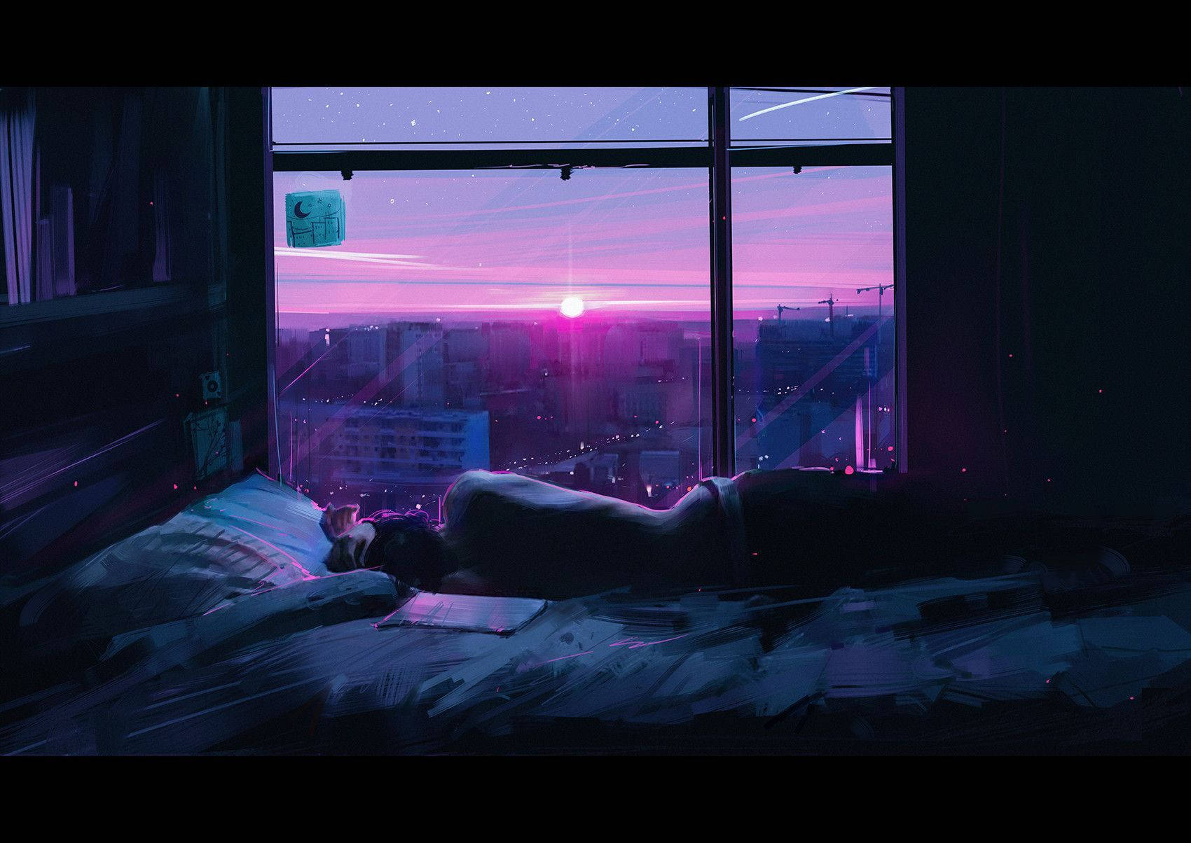 vibrant purple sunset, cityscape, messy bed, HD Desktop Wallpaper