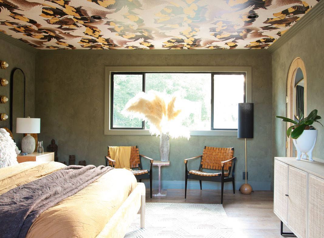 olive walls, leaf-patterned ceiling, natural light, SD Desktop Wallpaper
