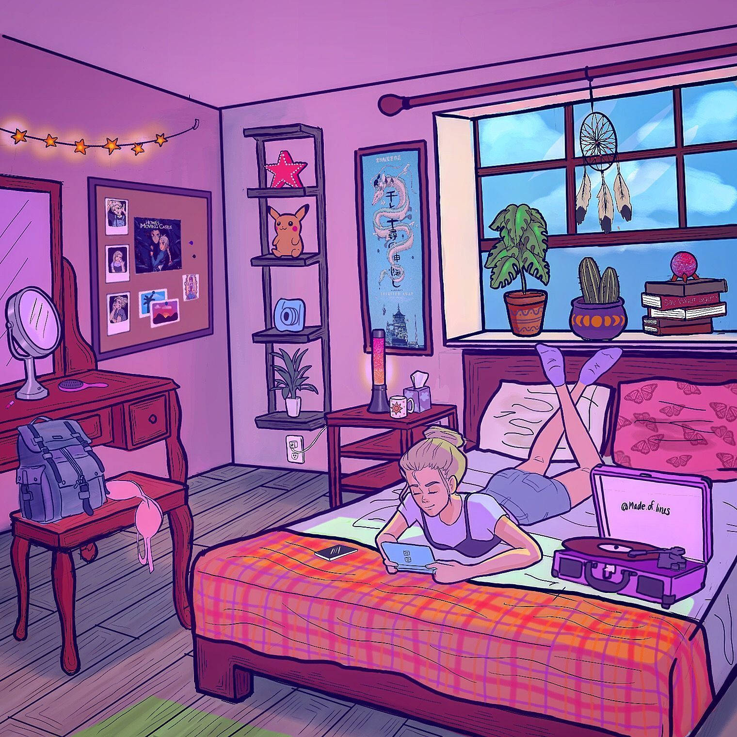 plaid bed, cozy purple bedroom, anime posters, HD Desktop Wallpaper