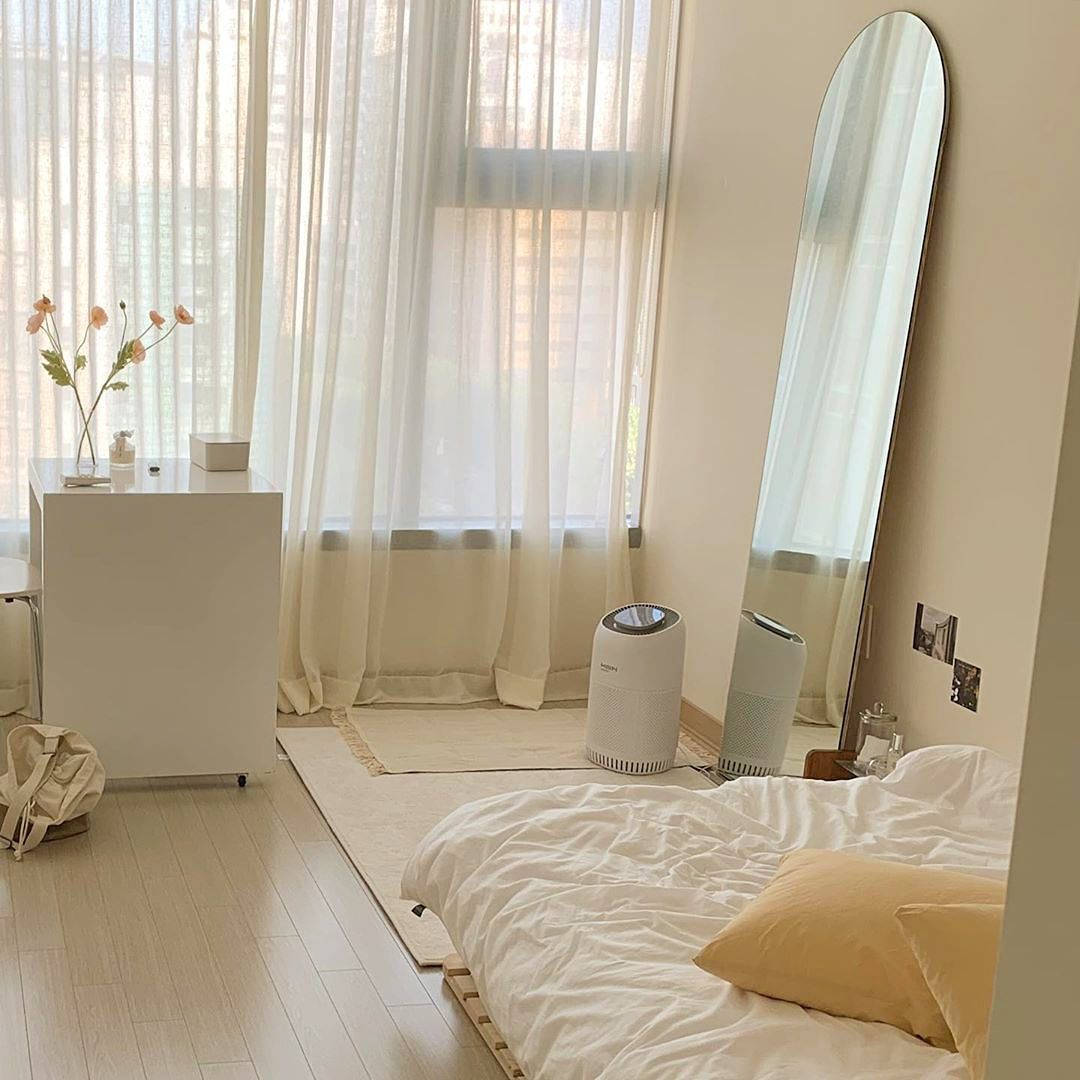 wooden bed, white dresser, tall mirror, SD Desktop Wallpaper