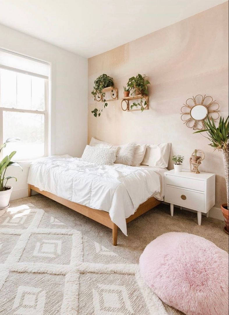 wooden bed, white linens, soft pink walls, SD Phone Wallpaper
