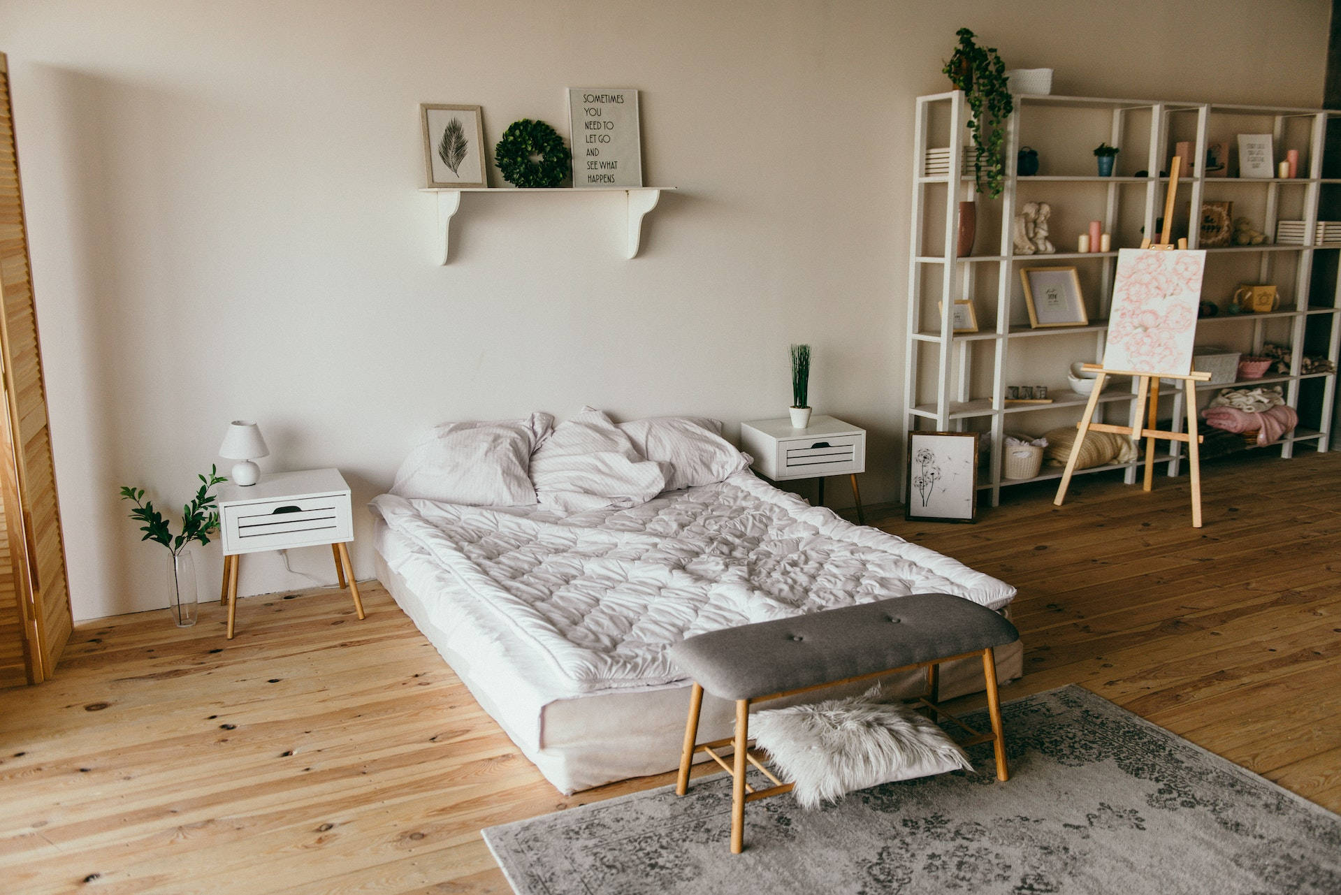 white bed, wooden floors, white shelf, HD Desktop Wallpaper
