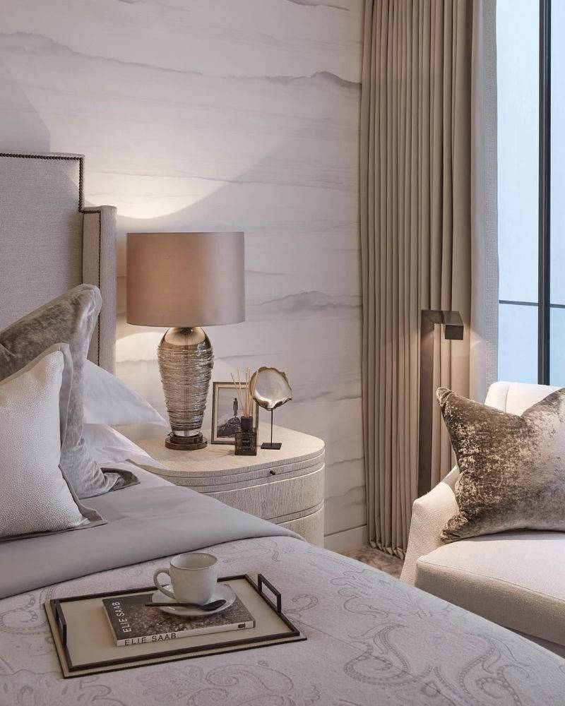 modern aesthetic bedroom, marble walls, soft lighting, SD Phone Wallpaper