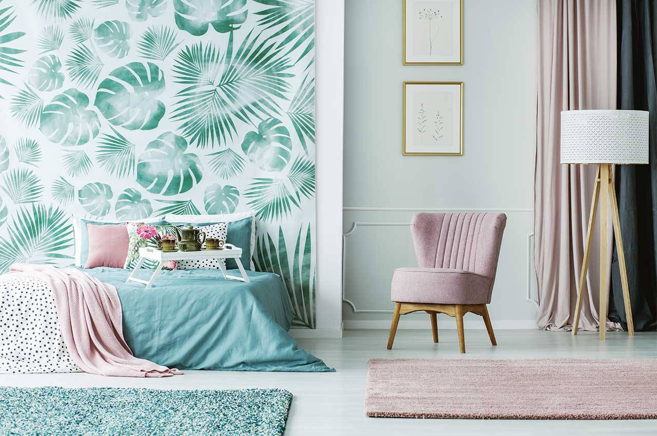 turquoise linens, vibrant green tropical leaf wallpaper, pink accents, HD Desktop Wallpaper