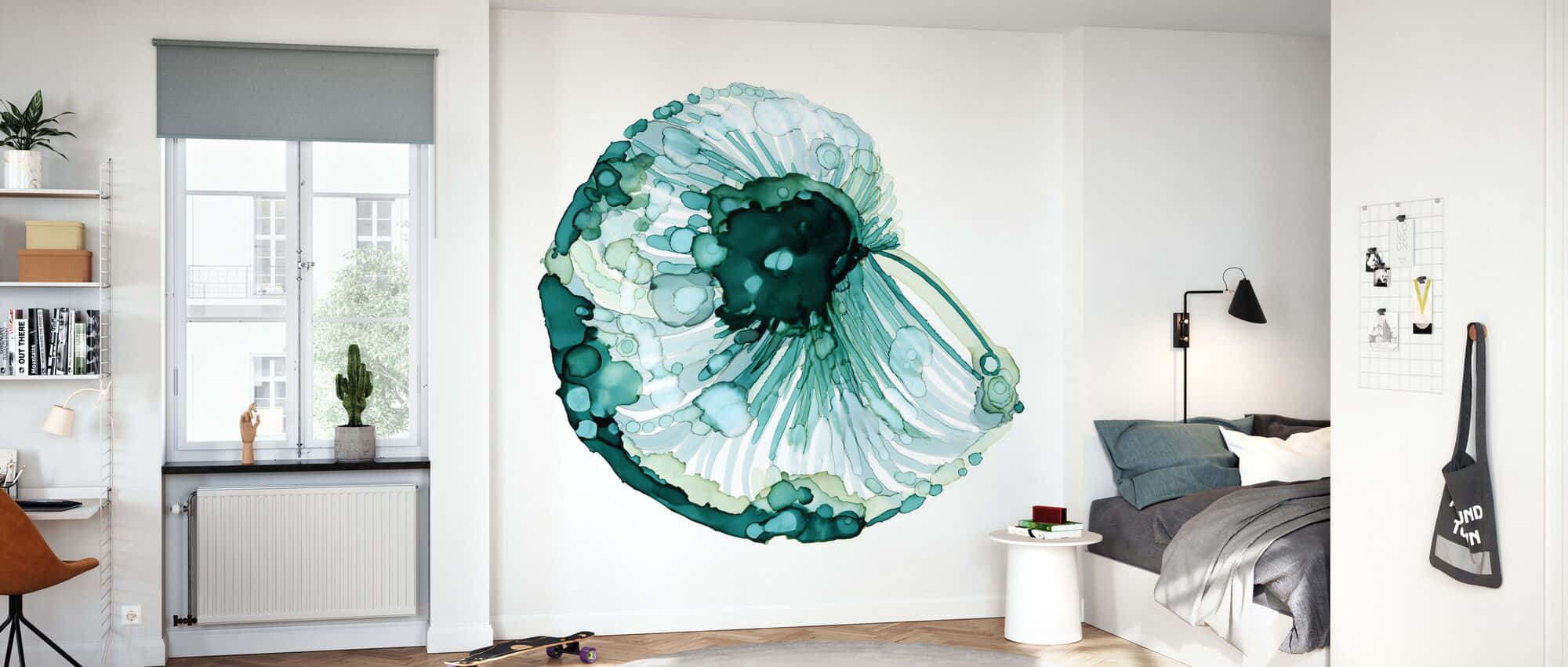 abstract teal and white watercolor-style nautilus shell mural, minimalist bedroom wall, modern bedroom, Full HD Desktop Wallpaper