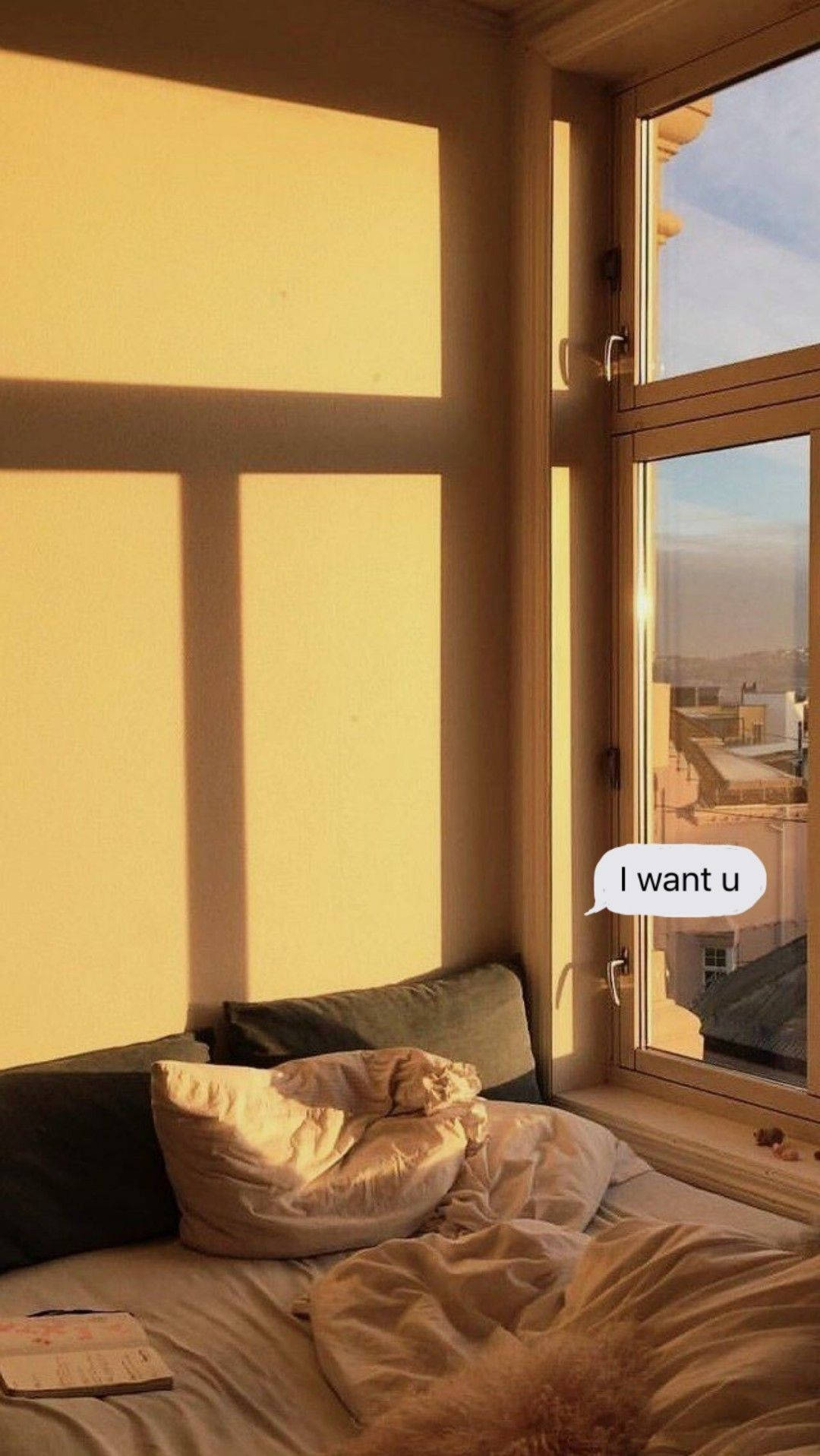 golden sunlight, window, cozy bed, HD Phone Wallpaper