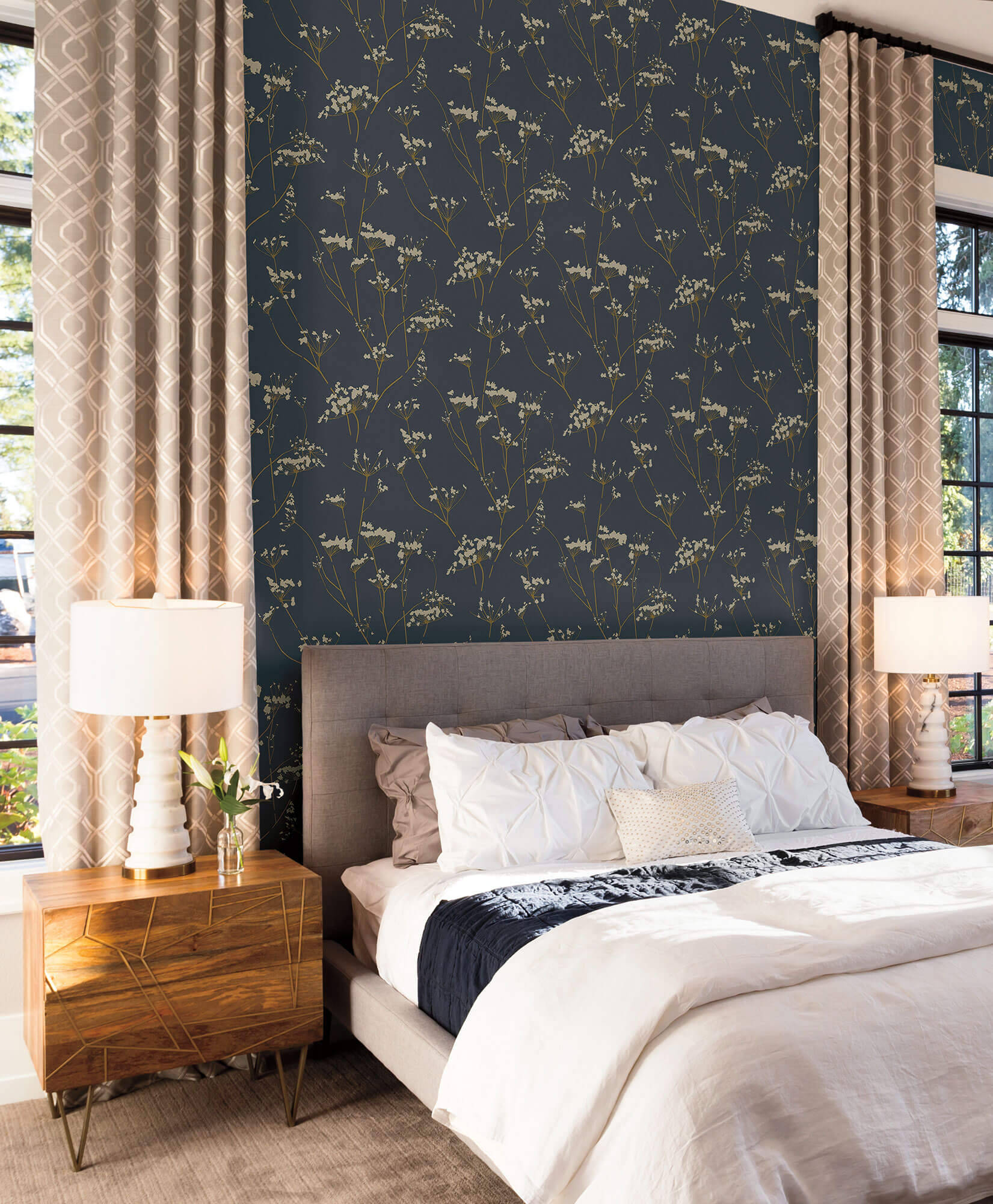 dark navy floral wallpaper, white linens, patterned curtains, Full HD Phone Wallpaper