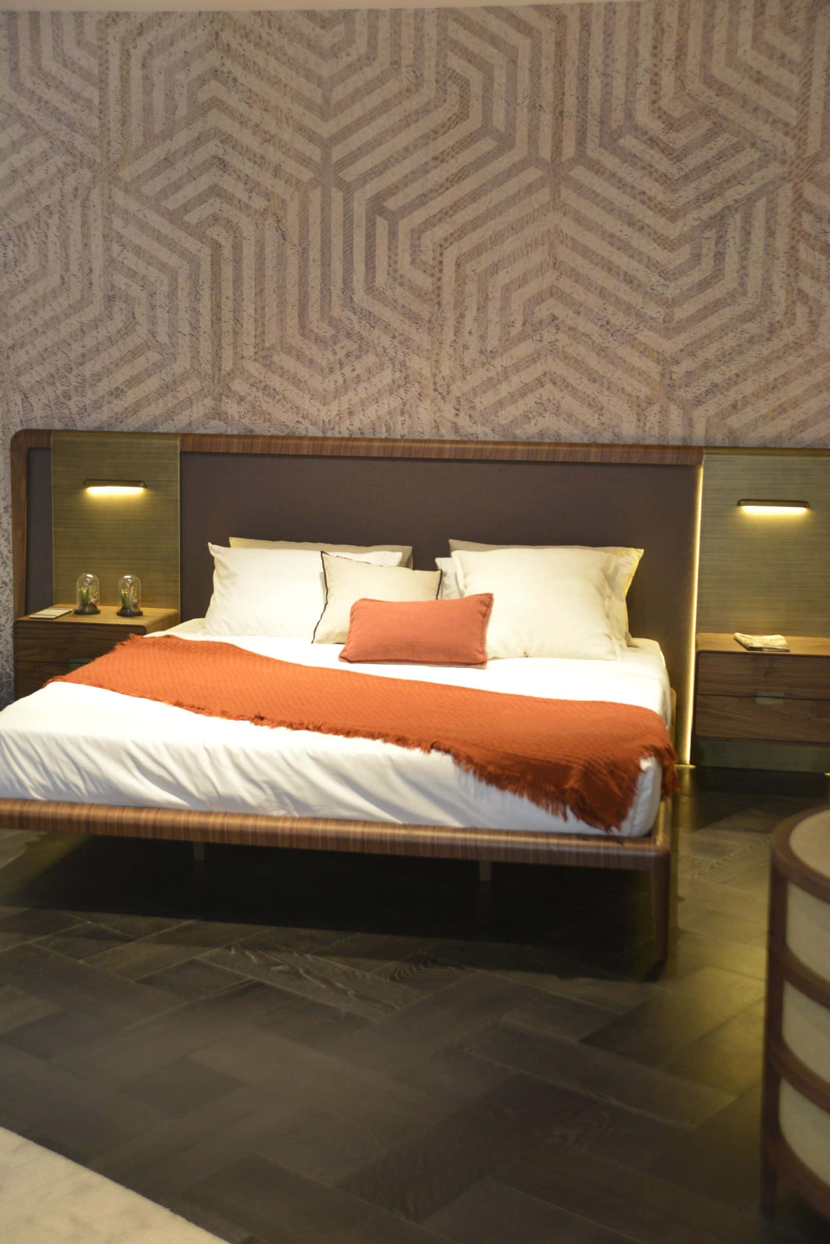 modern contemporary design, wooden bed, white linens, 2K Phone Wallpaper