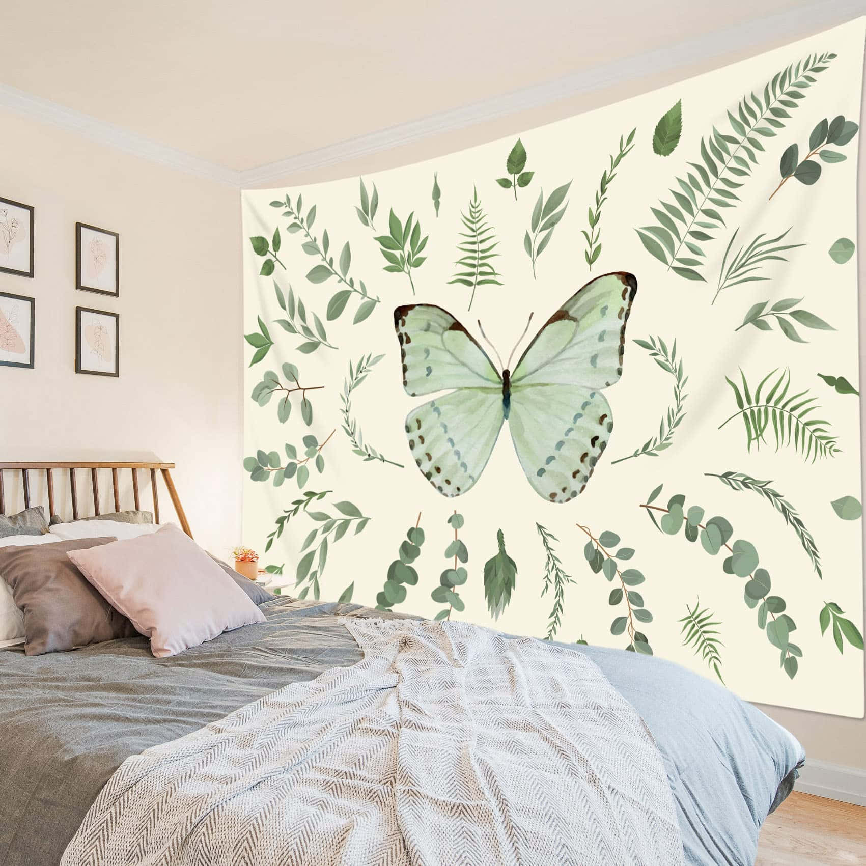 beige butterfly bedroom aesthetic, light green butterfly, green foliage, HD Desktop Wallpaper