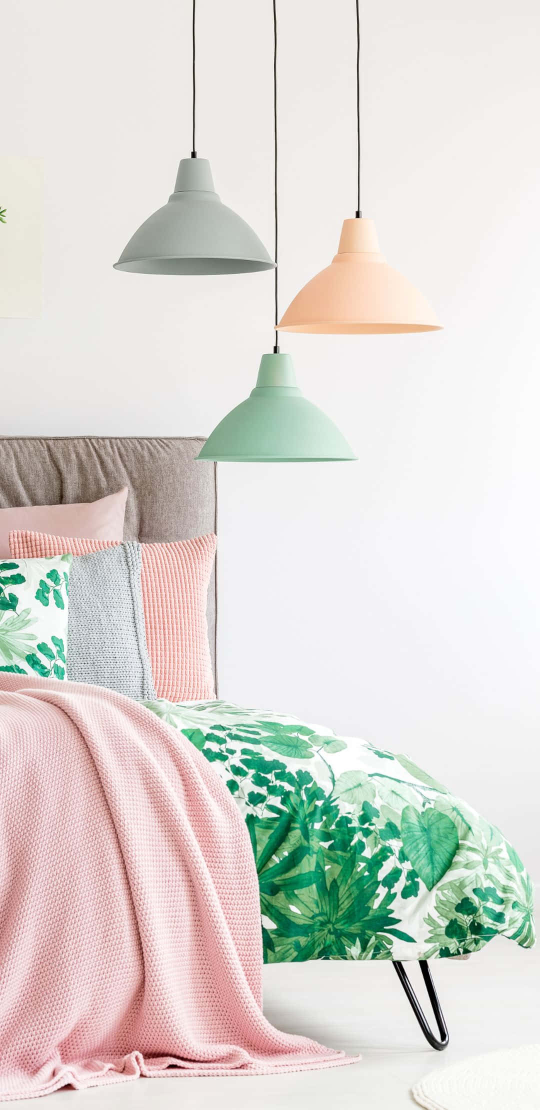 pink blanket, green leaf patterned duvet, pastel pendant lights, Full HD Phone Wallpaper