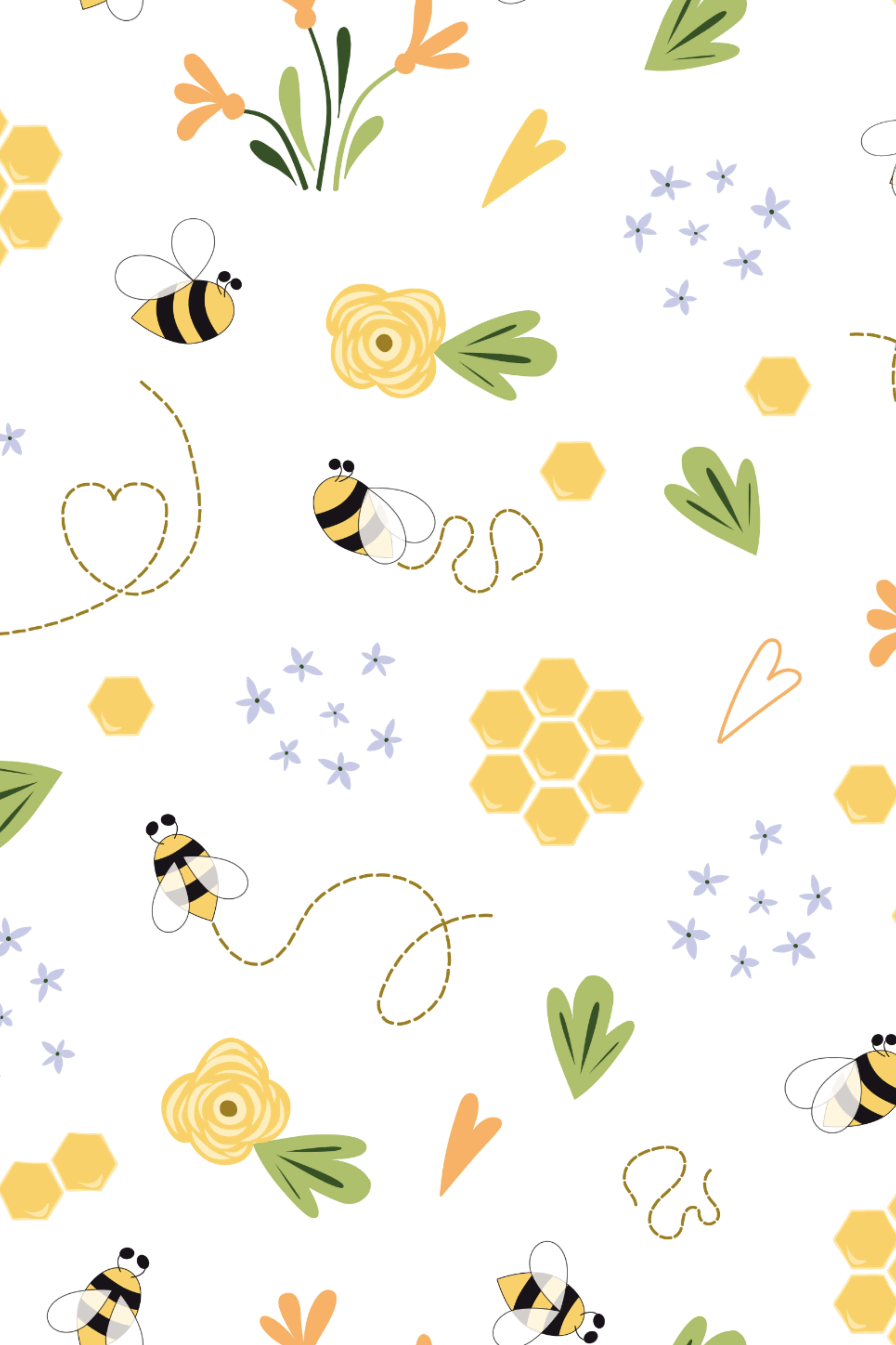 vintage bee, bright yellow flower, cartoon bees, 5K Phone Wallpaper