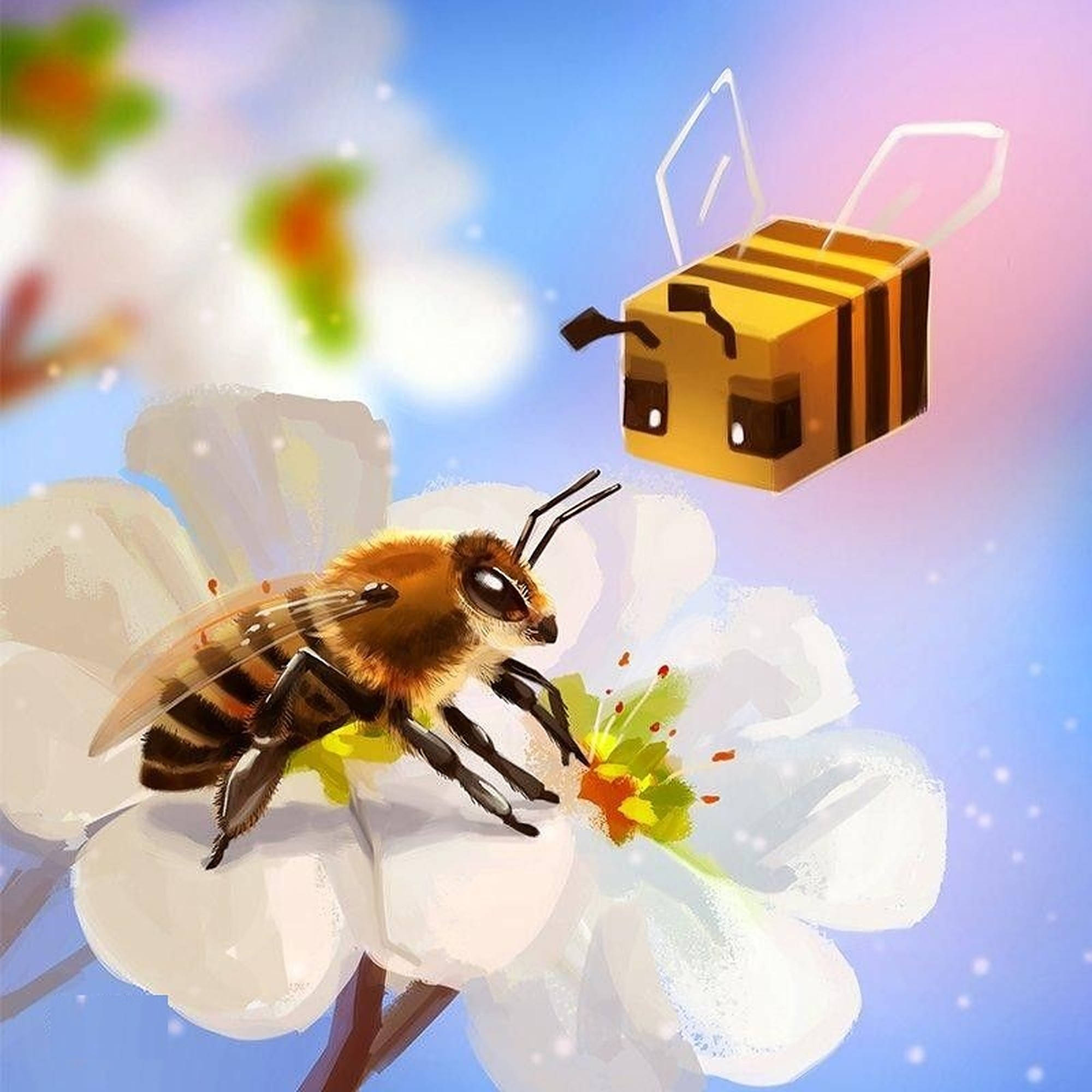 Minecraft bee, real bee, white flower, Full HD Desktop Wallpaper