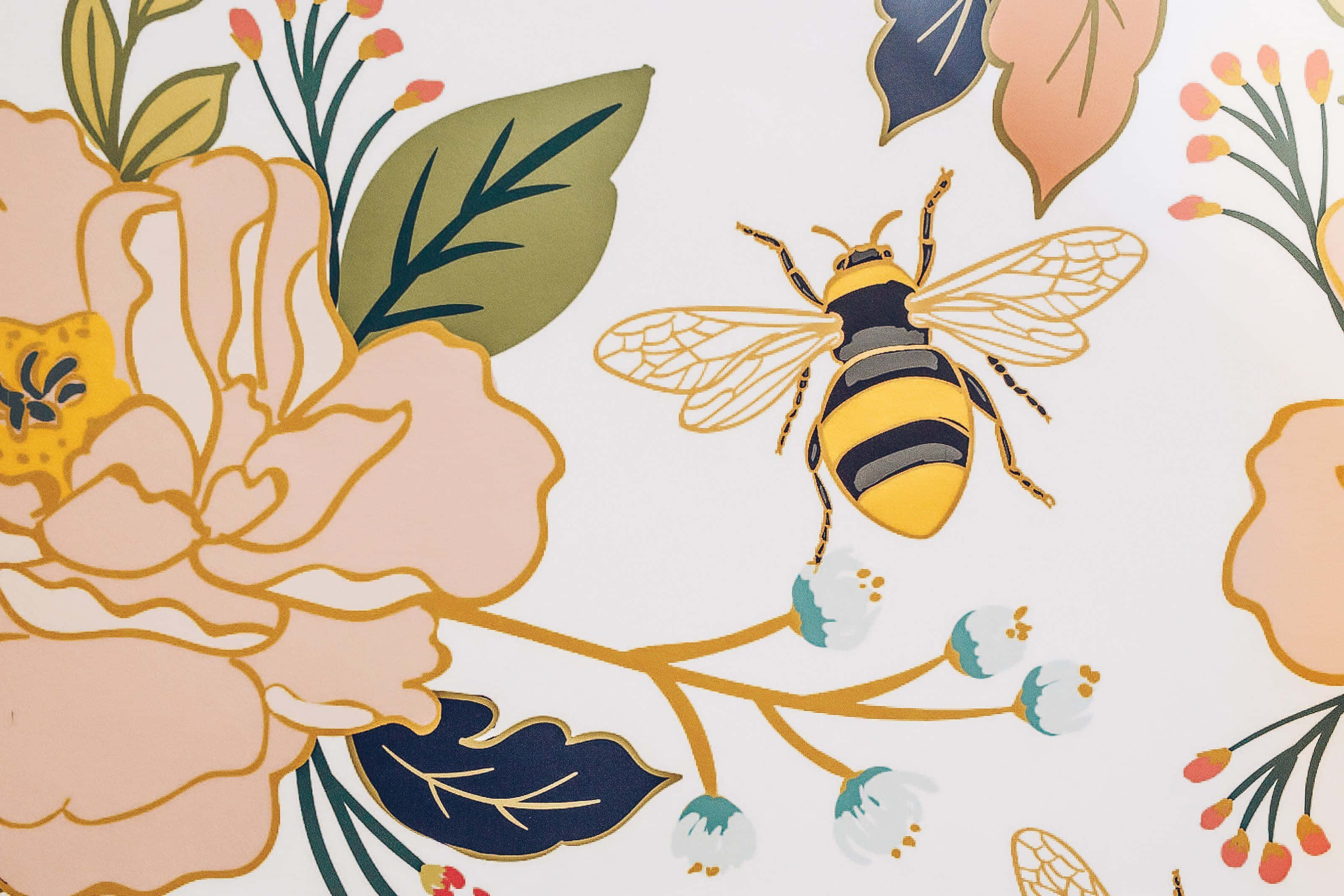 Aesthetic Bee, peach pink flowers, navy leaves, 2K Desktop Wallpaper