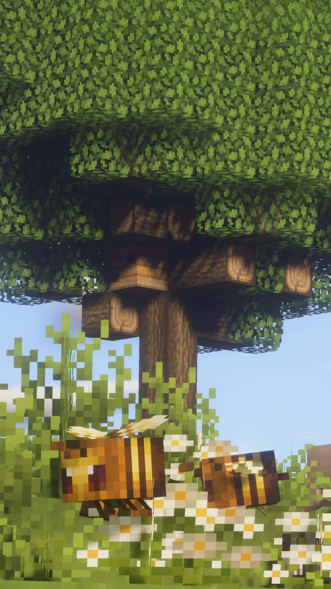 Aesthetic Bee, Minecraft-style, daisies, Full HD Phone Wallpaper