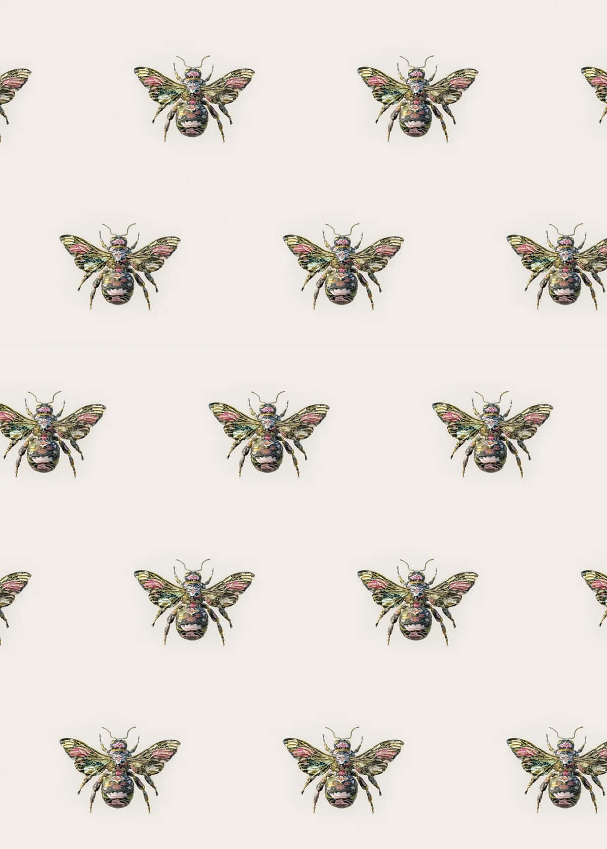vintage bee pattern, iridescent bees, pink and green wings, HD Phone Wallpaper