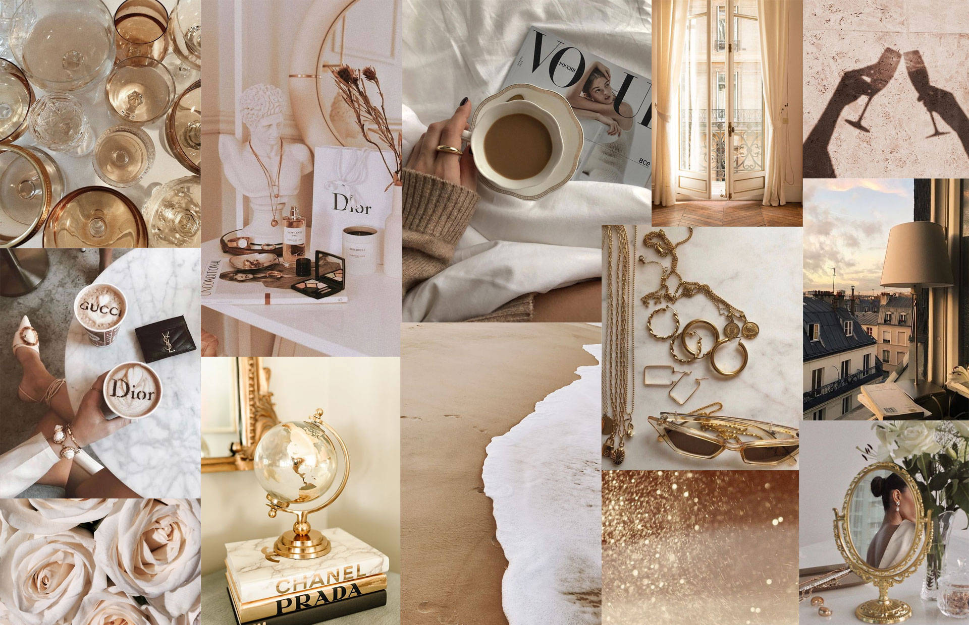 classy beige aesthetic laptop, golden-toned, champagne flutes, Full HD Desktop Wallpaper