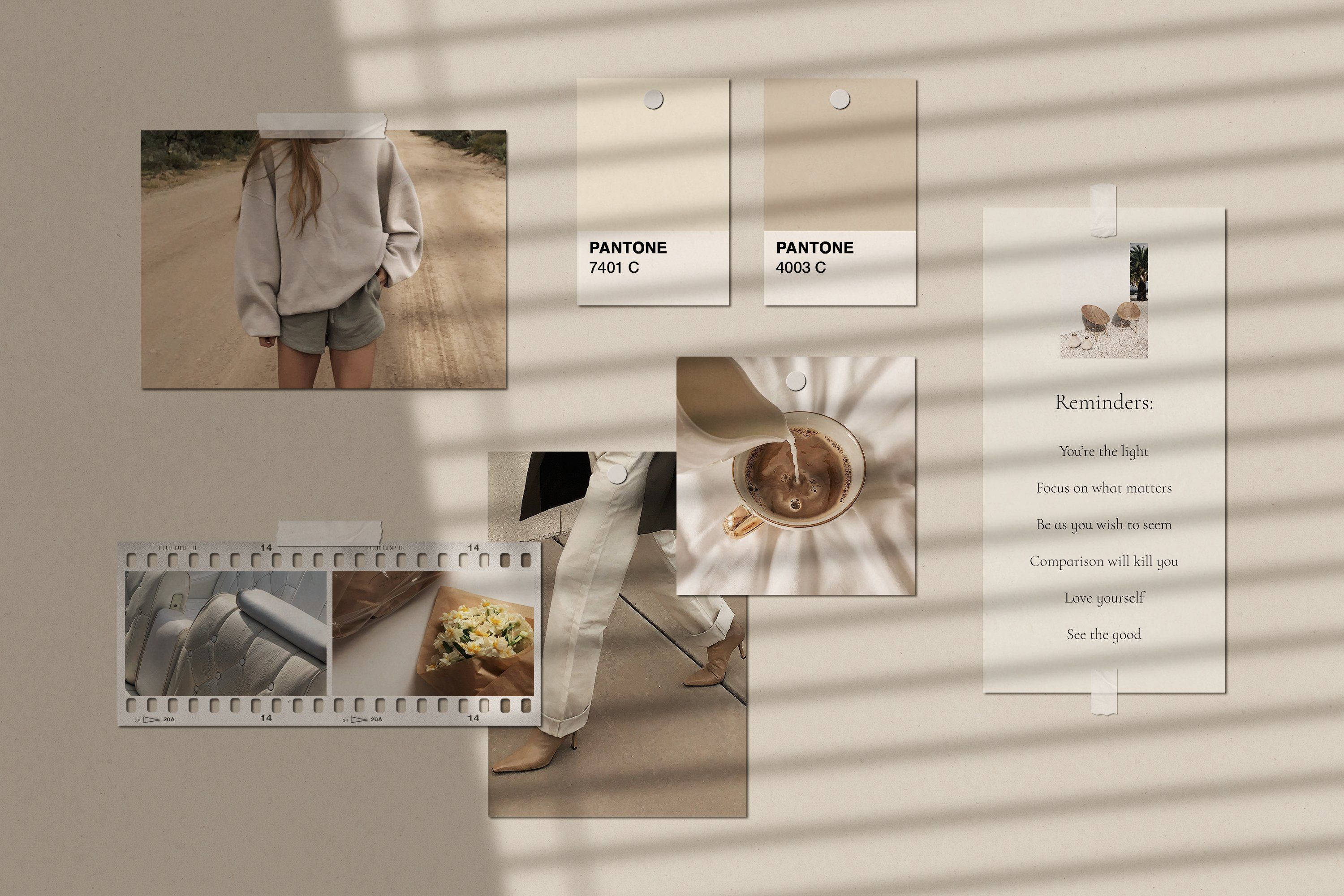 beige wall, sunbeam shadows, minimalist collage, 2K Desktop Wallpaper