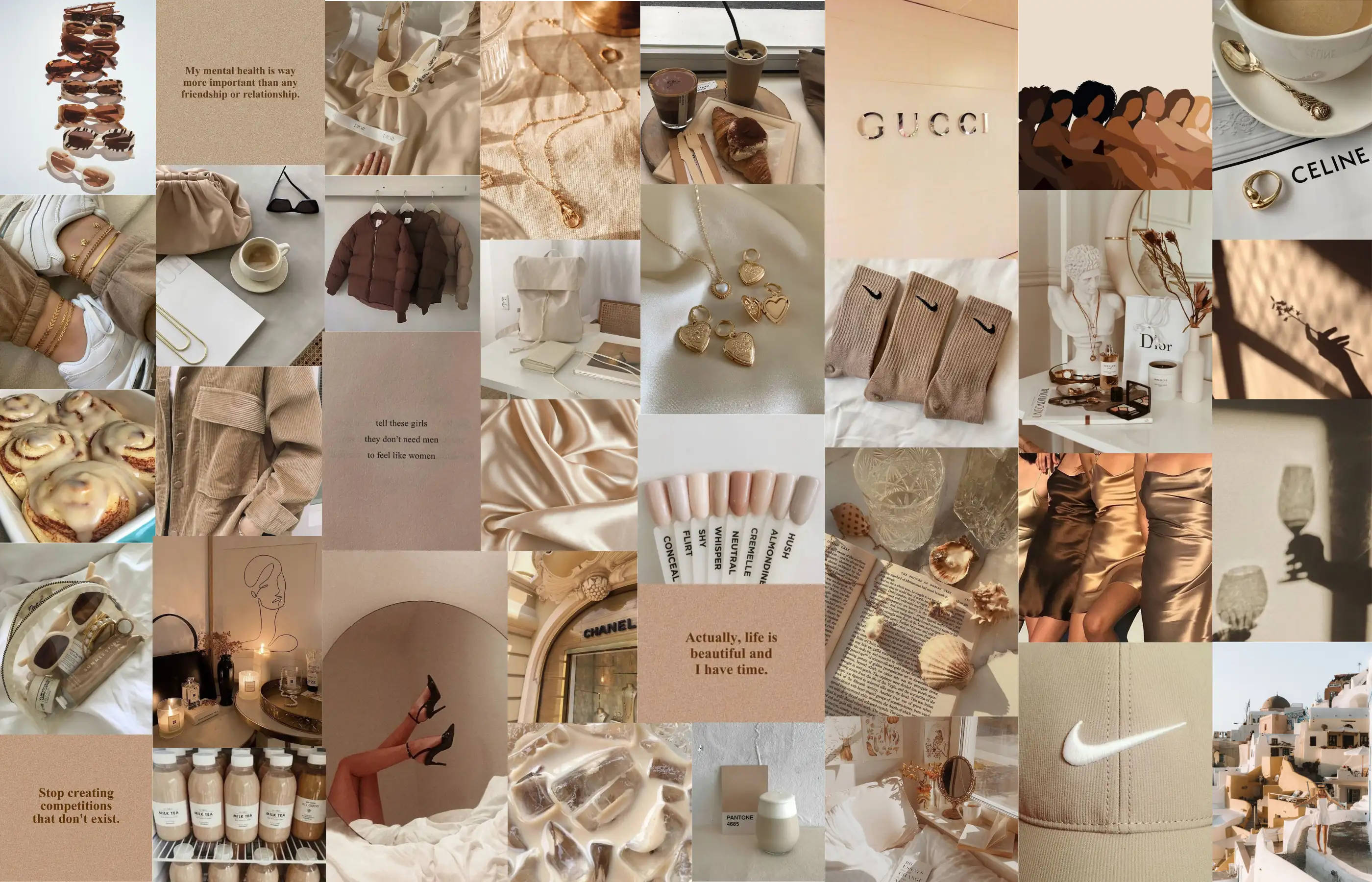 glamorous beige aesthetic laptop, warm beige-toned, luxury lifestyle items, 2K Desktop Wallpaper