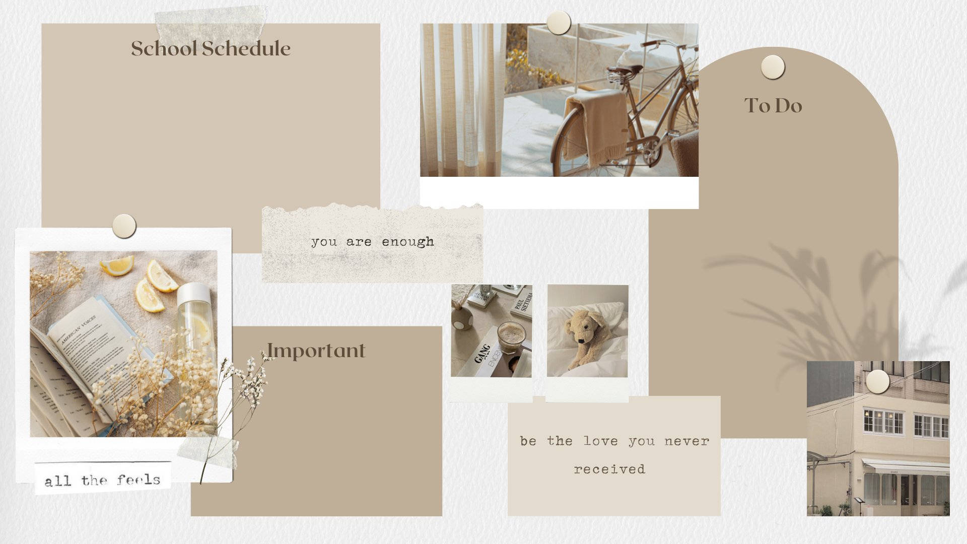 beige aesthetic laptop planner, motivational quotes, lifestyle photos, Full HD Desktop Wallpaper