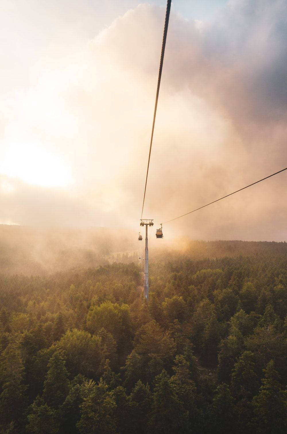 cable car, misty forest, sunrise, HD Phone Wallpaper
