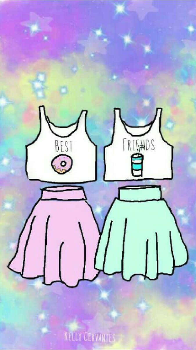 BEST FRIENDS, pink and blue tops and skirts, sparkling galaxy background, SD Phone Wallpaper