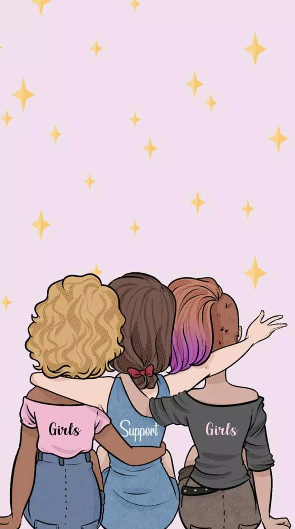 three girls, pink sky, golden stars, HD Phone Wallpaper