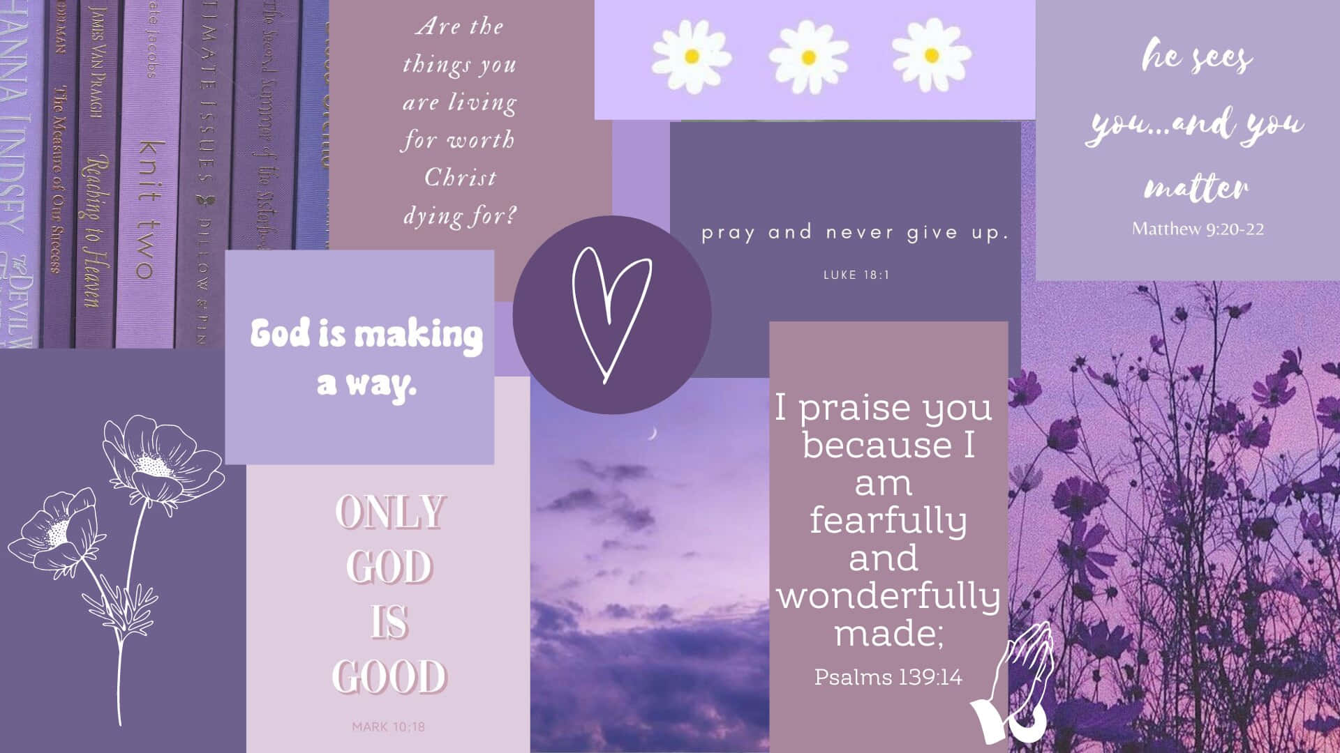 Bible verses, purple theme, floral illustrations, Full HD Desktop Wallpaper