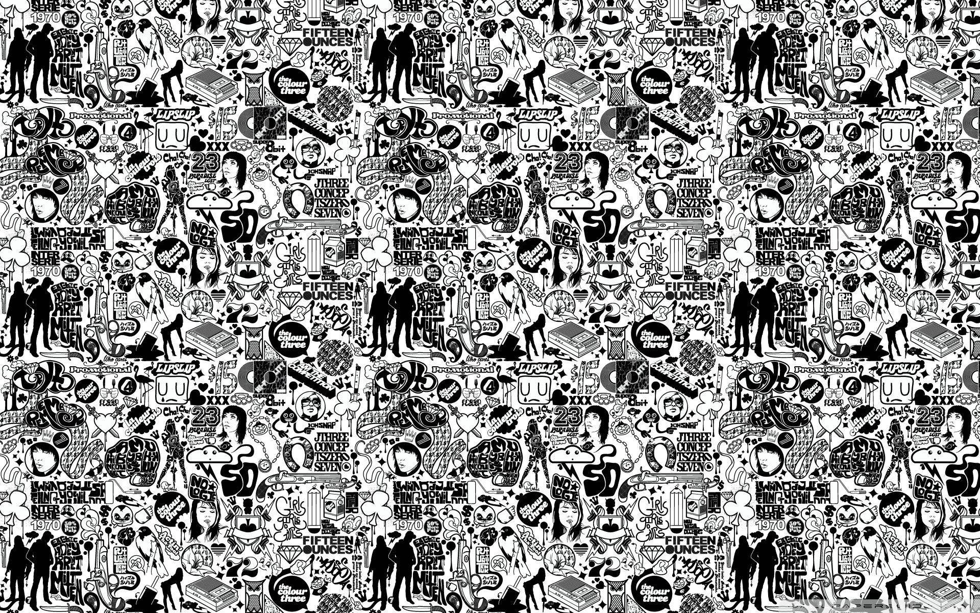 doodle aesthetic, black and white pattern, hand-drawn doodles, Full HD Desktop Wallpaper