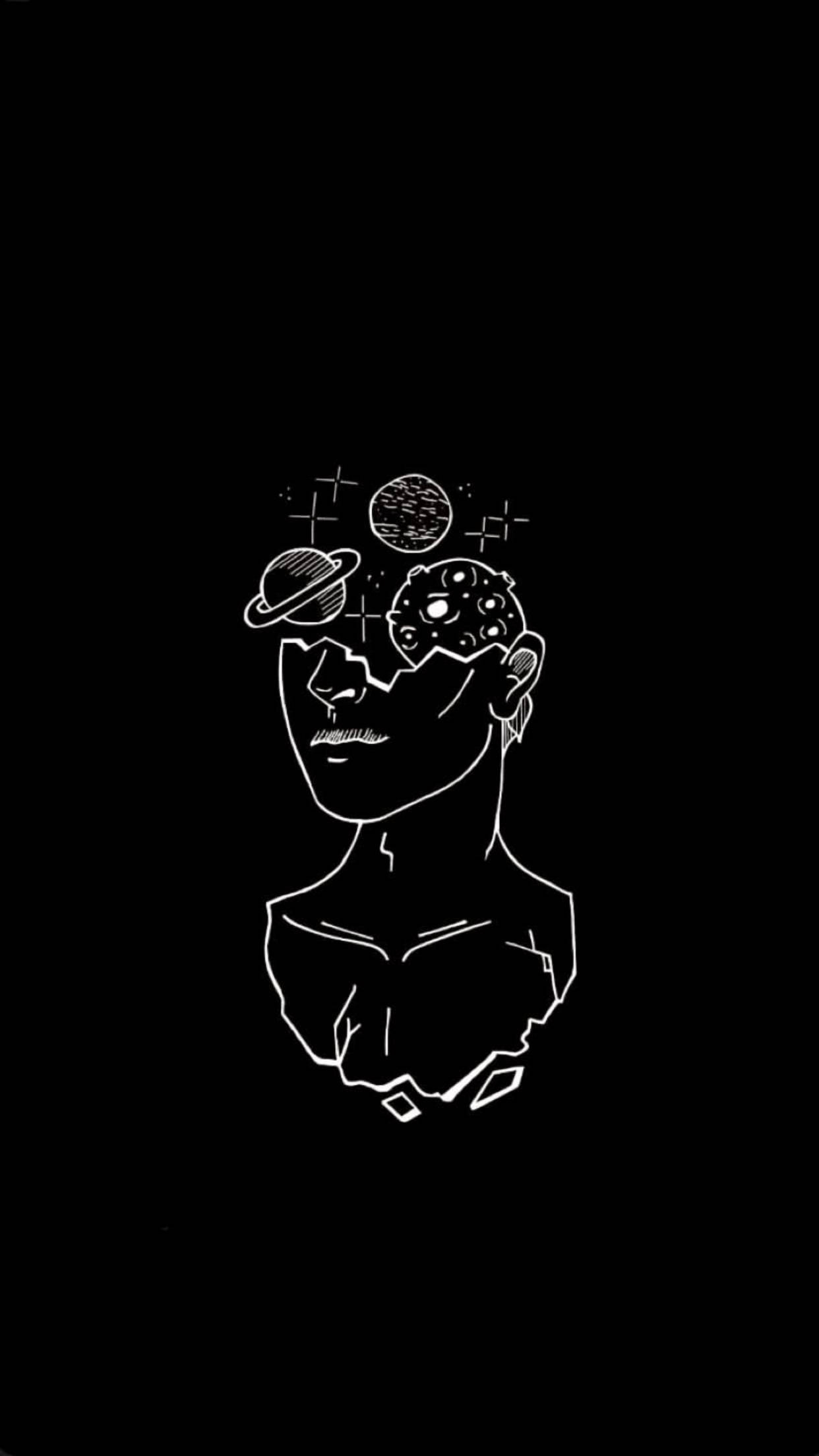black and white aesthetic planets out of head, minimalist white line drawing, bust, Full HD Phone Wallpaper