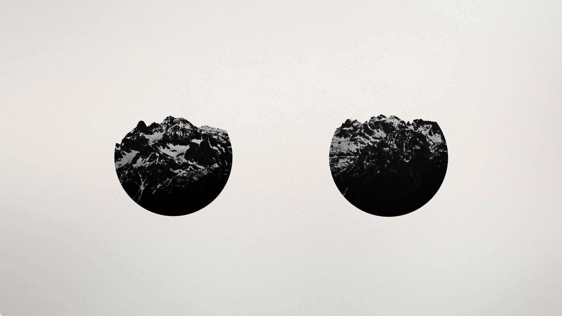 black and white aesthetic mountains in circles, circular black mountain silhouettes, snow caps, Full HD Desktop Wallpaper