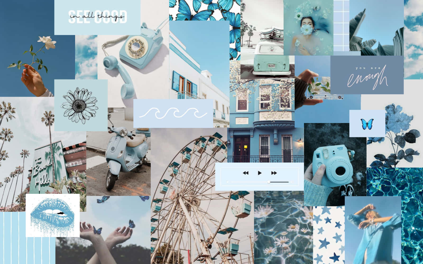 Aesthetic Blue Collage, vintage objects, palm trees, HD Desktop Wallpaper