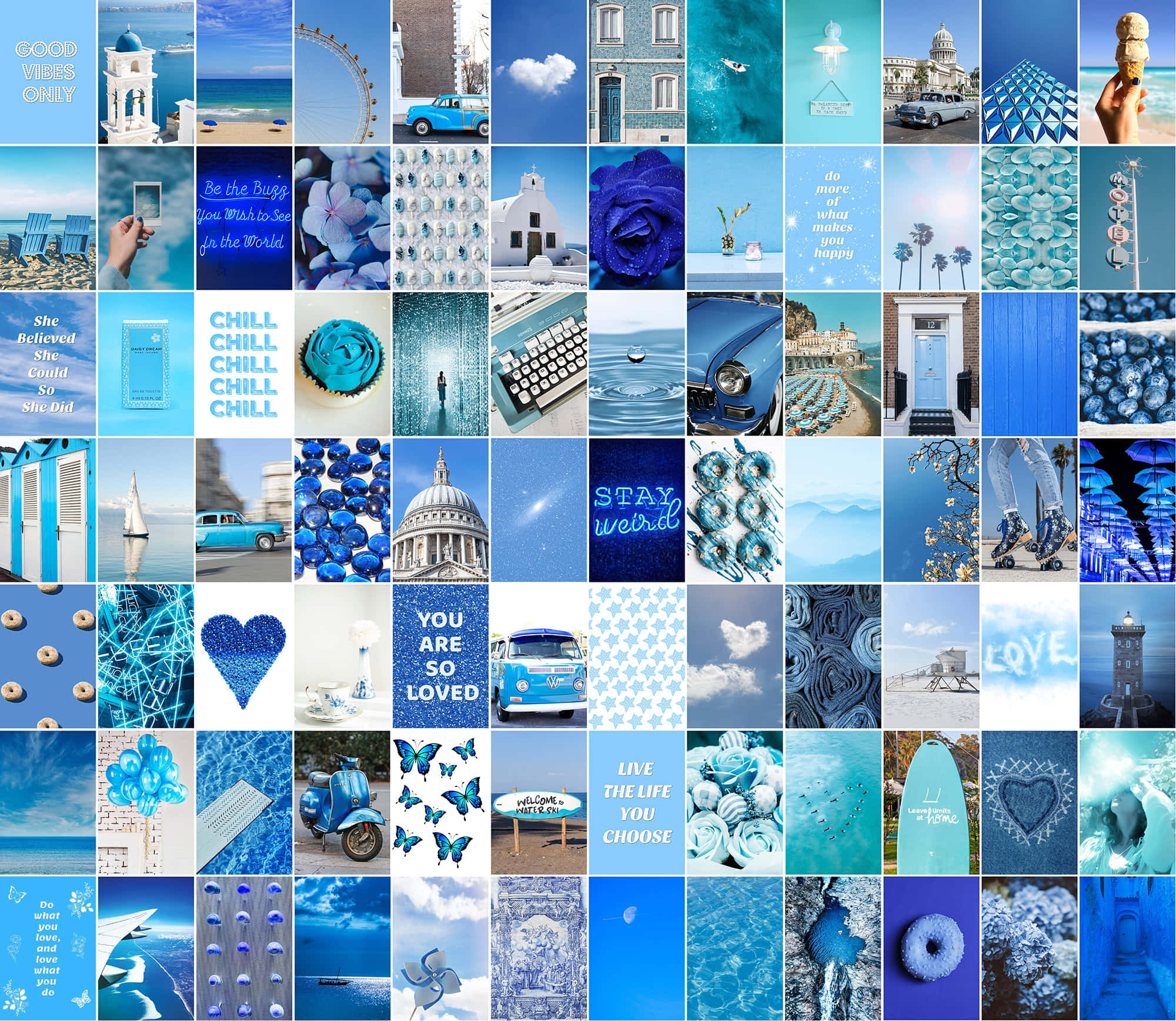 Aesthetic Blue Collage, vibrant blue-themed collage, coastal scenes, Full HD Desktop Wallpaper
