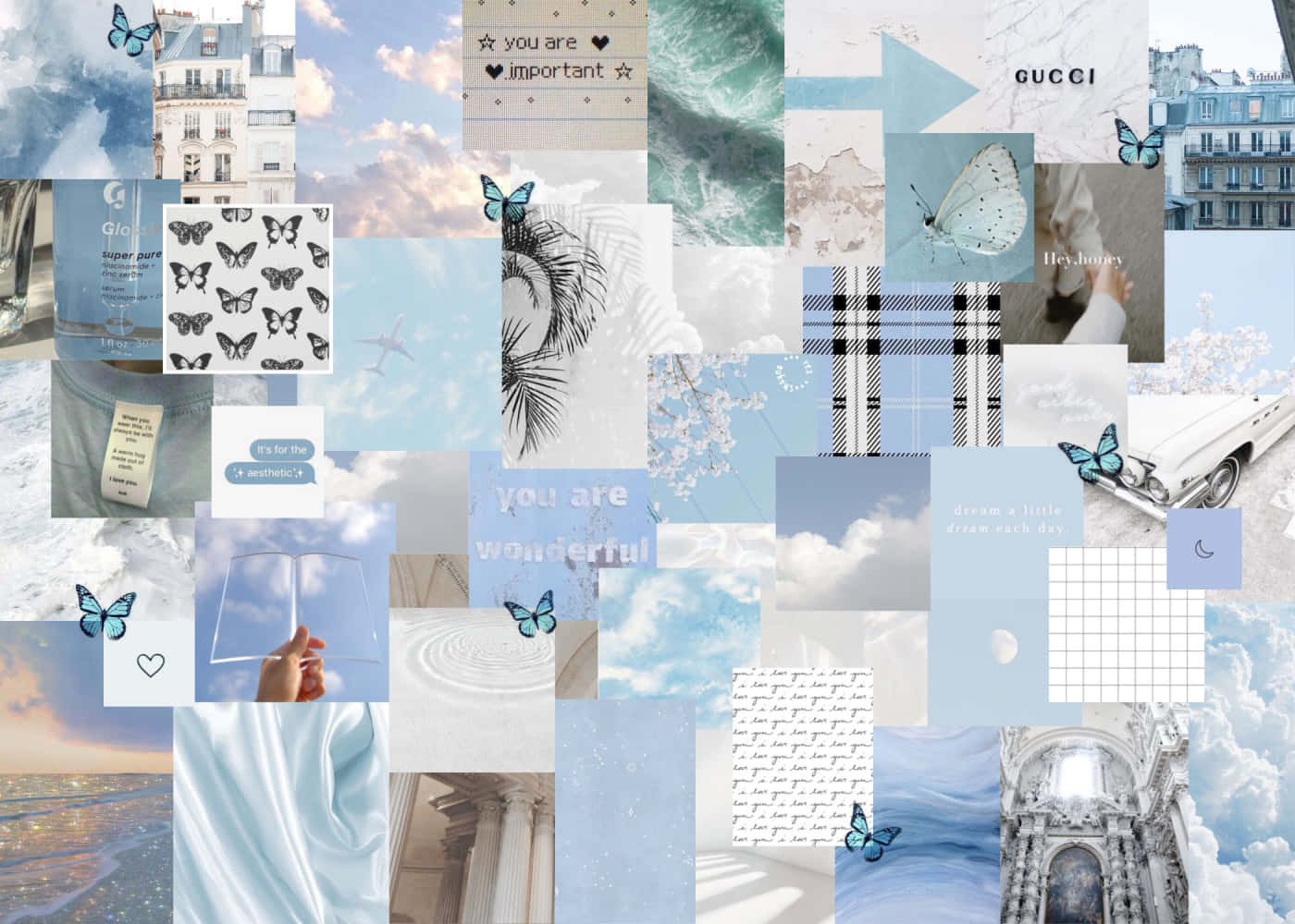 Aesthetic Blue Collage, pastel blue, butterflies, HD Desktop Wallpaper