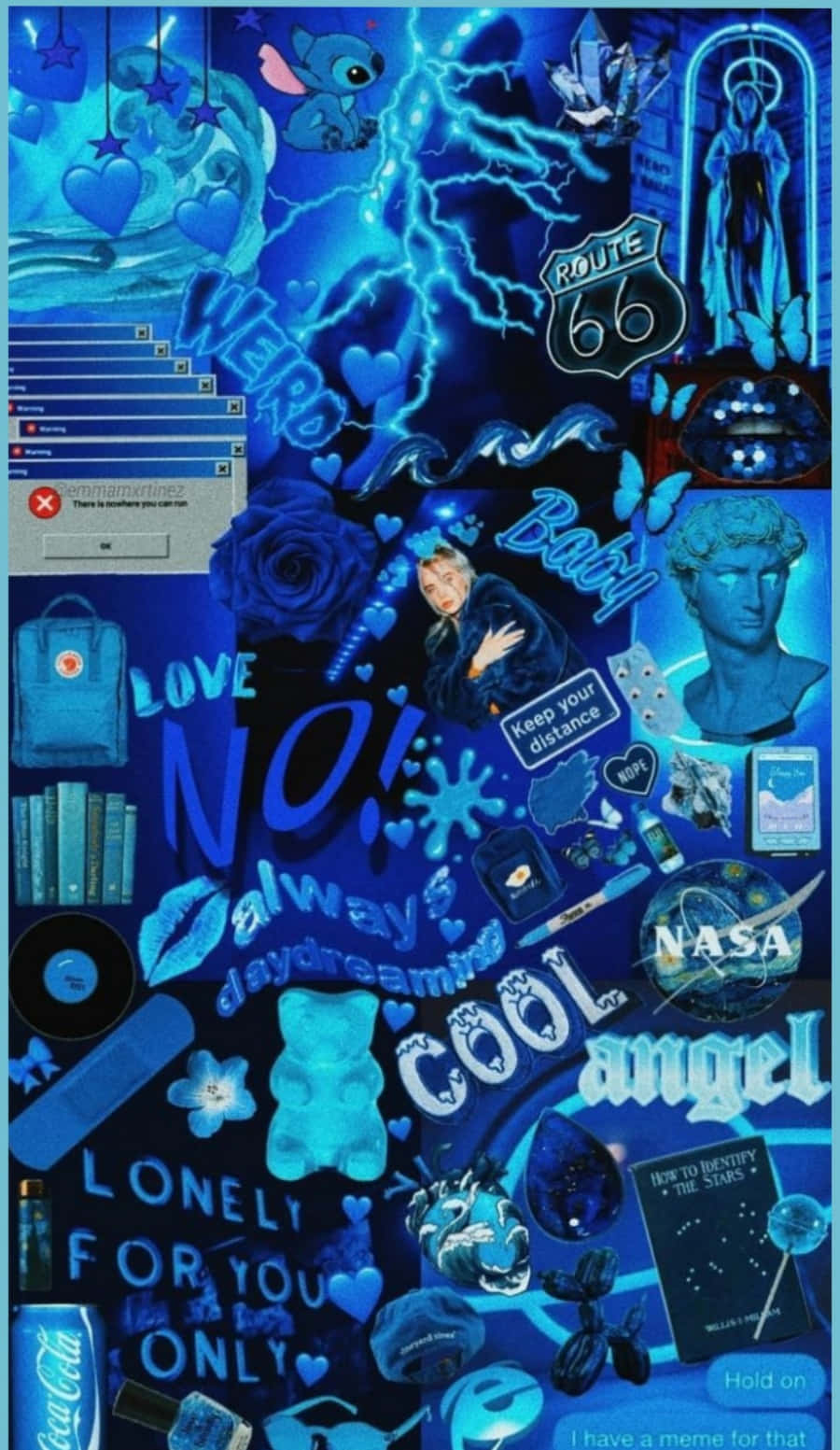 Aesthetic Blue Collage, pop culture icons, text overlays, HD Phone Wallpaper