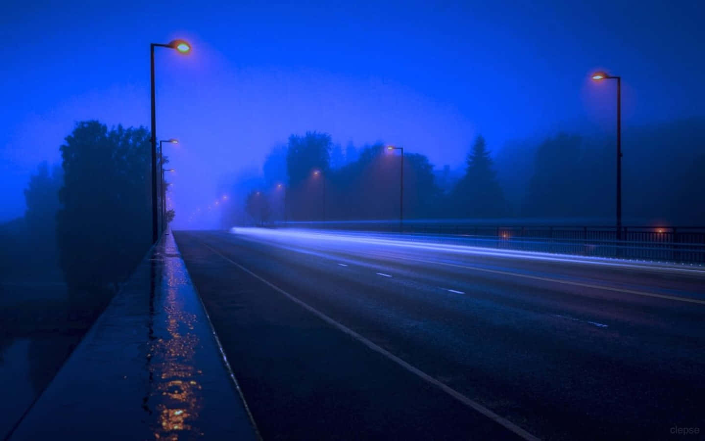blue grunge, misty night road, glowing streetlights, HD Desktop Wallpaper