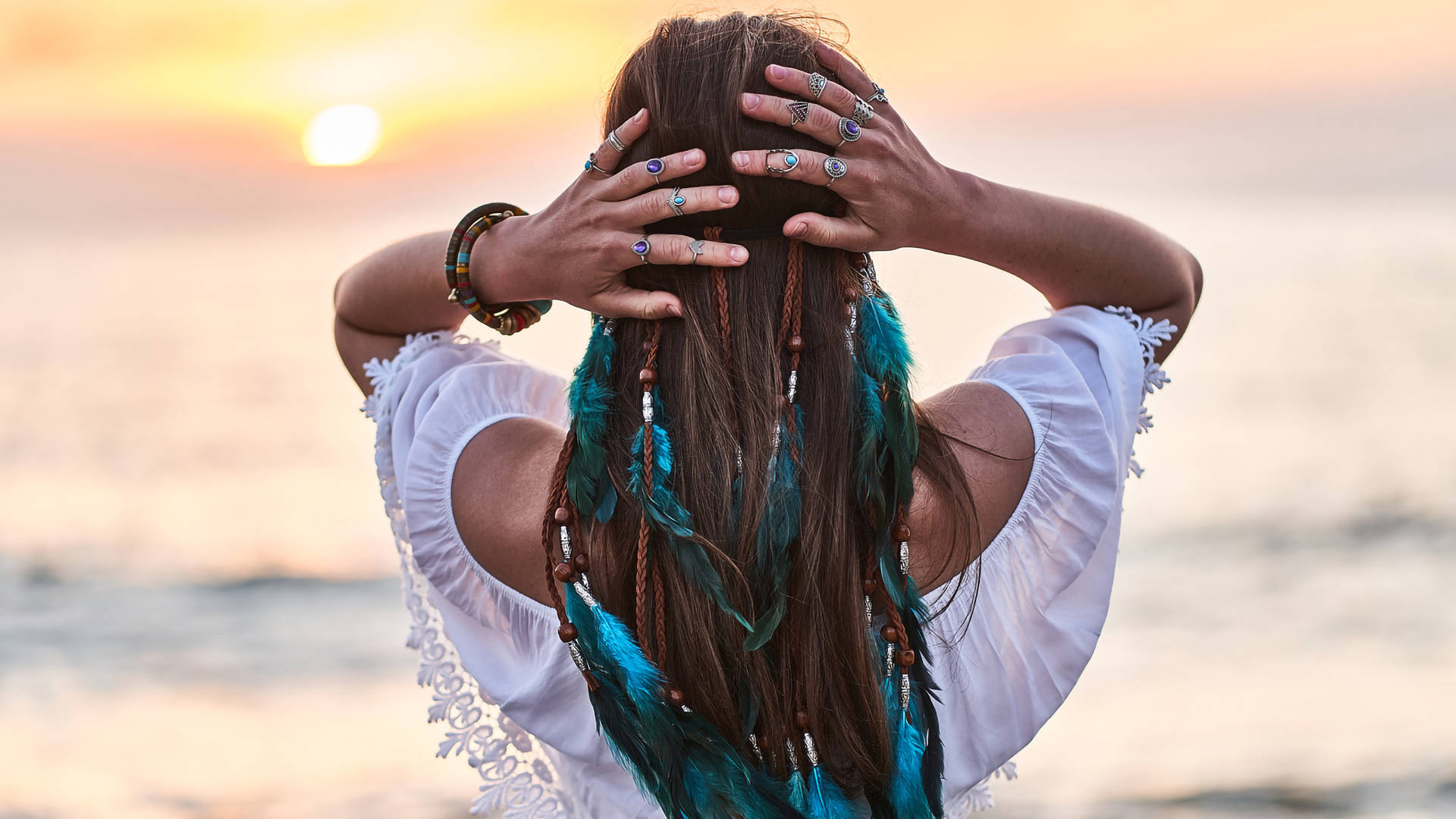aesthetic boho girl, beach, sunset, Full HD Desktop Wallpaper