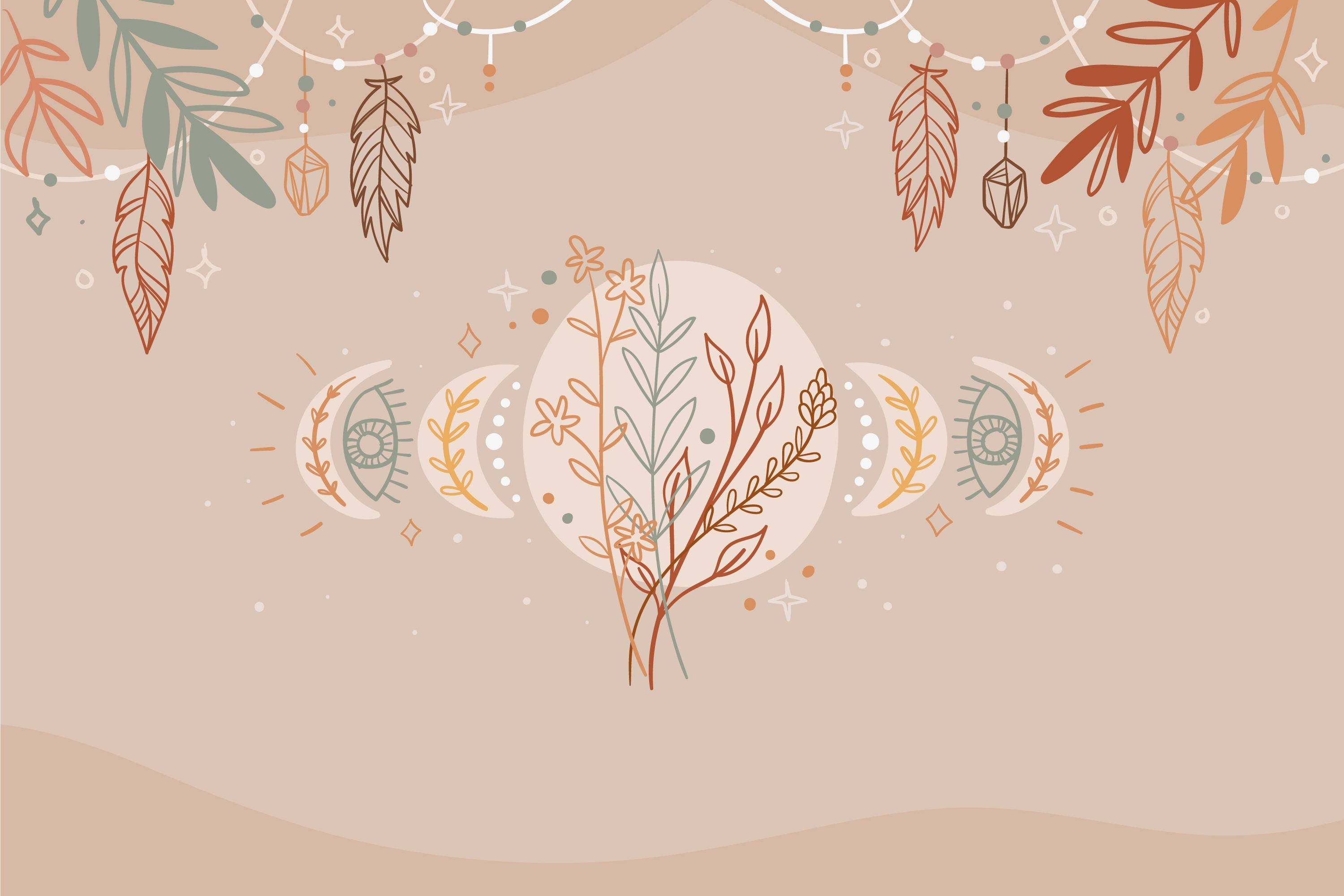 Aesthetic Boho, leaves, moon phases, 2K Desktop Wallpaper