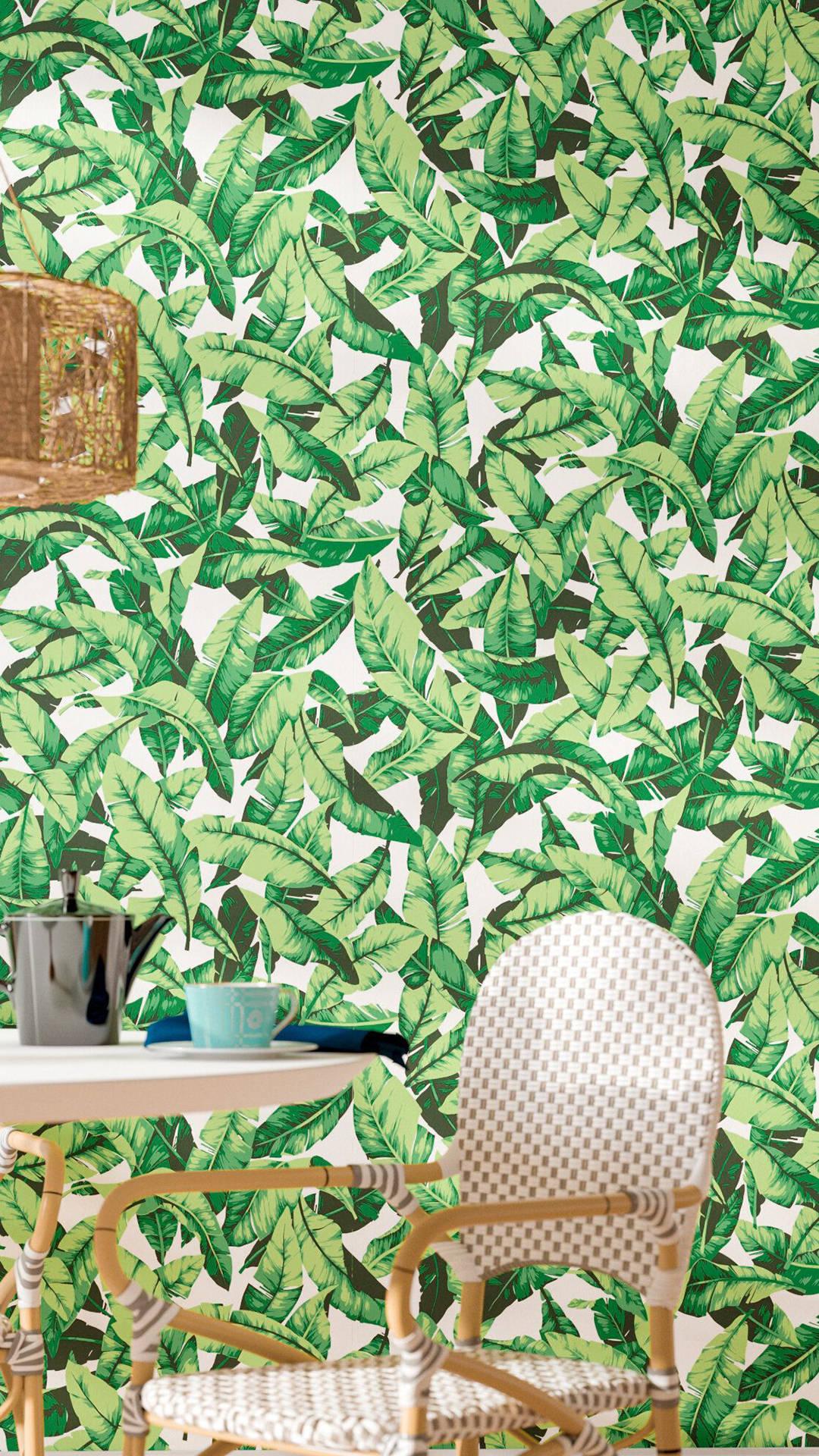 Aesthetic Boho, tropical leaf wallpaper, rattan chair, Full HD Phone Wallpaper