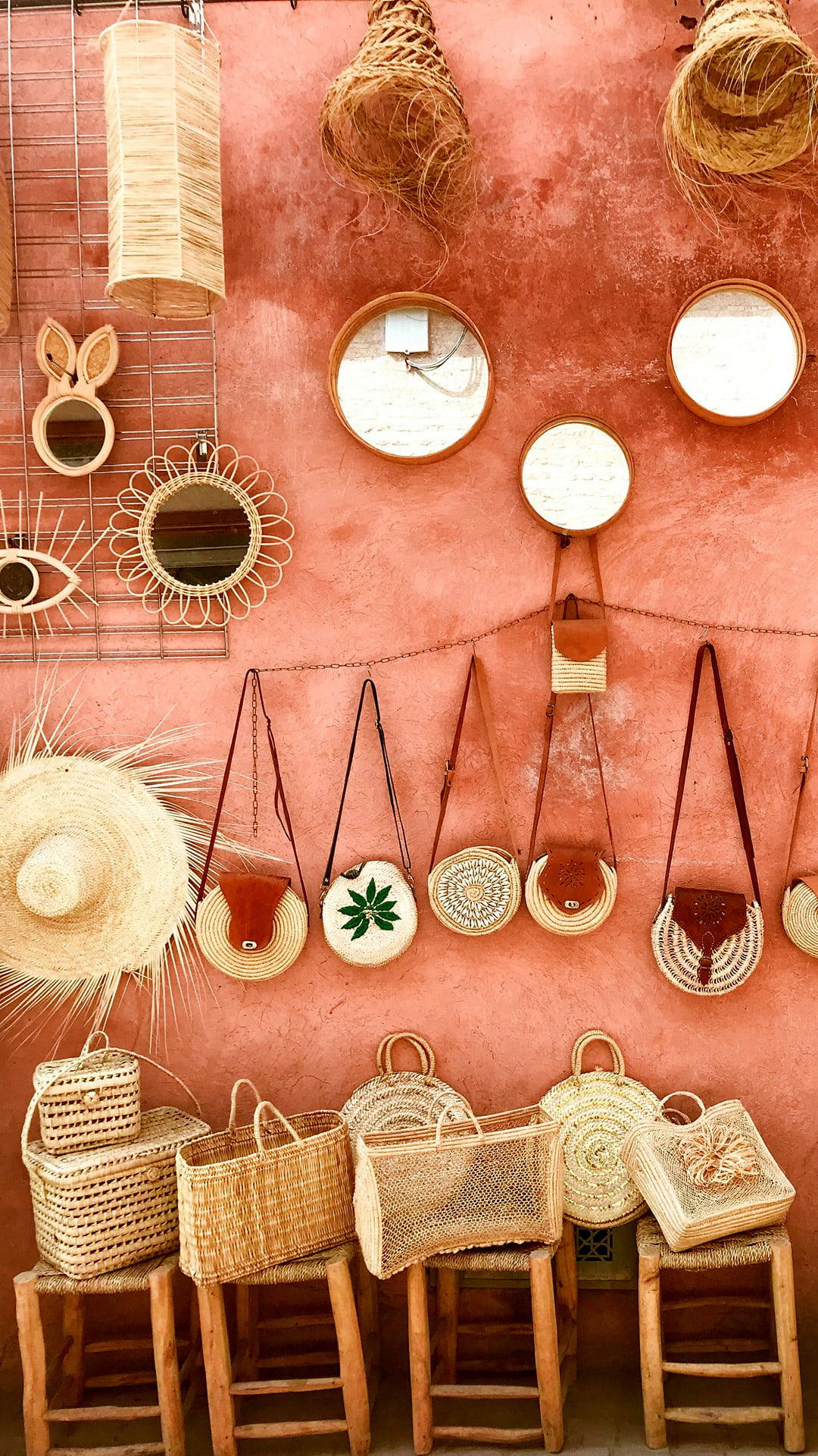 rattan bags, mirrors, textured terracotta wall, Full HD Phone Wallpaper
