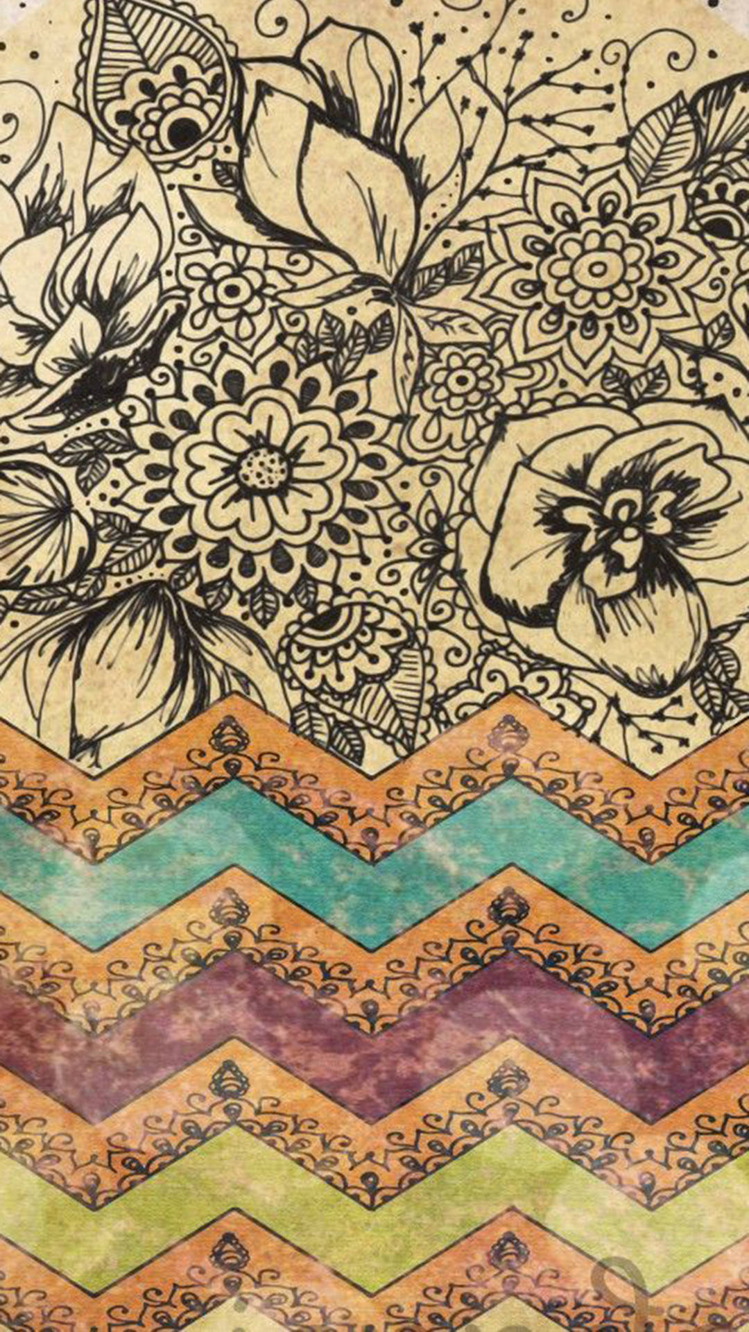 black ink floral doodle pattern, vibrant chevron stripe background, earthy and teal hues, Full HD Phone Wallpaper