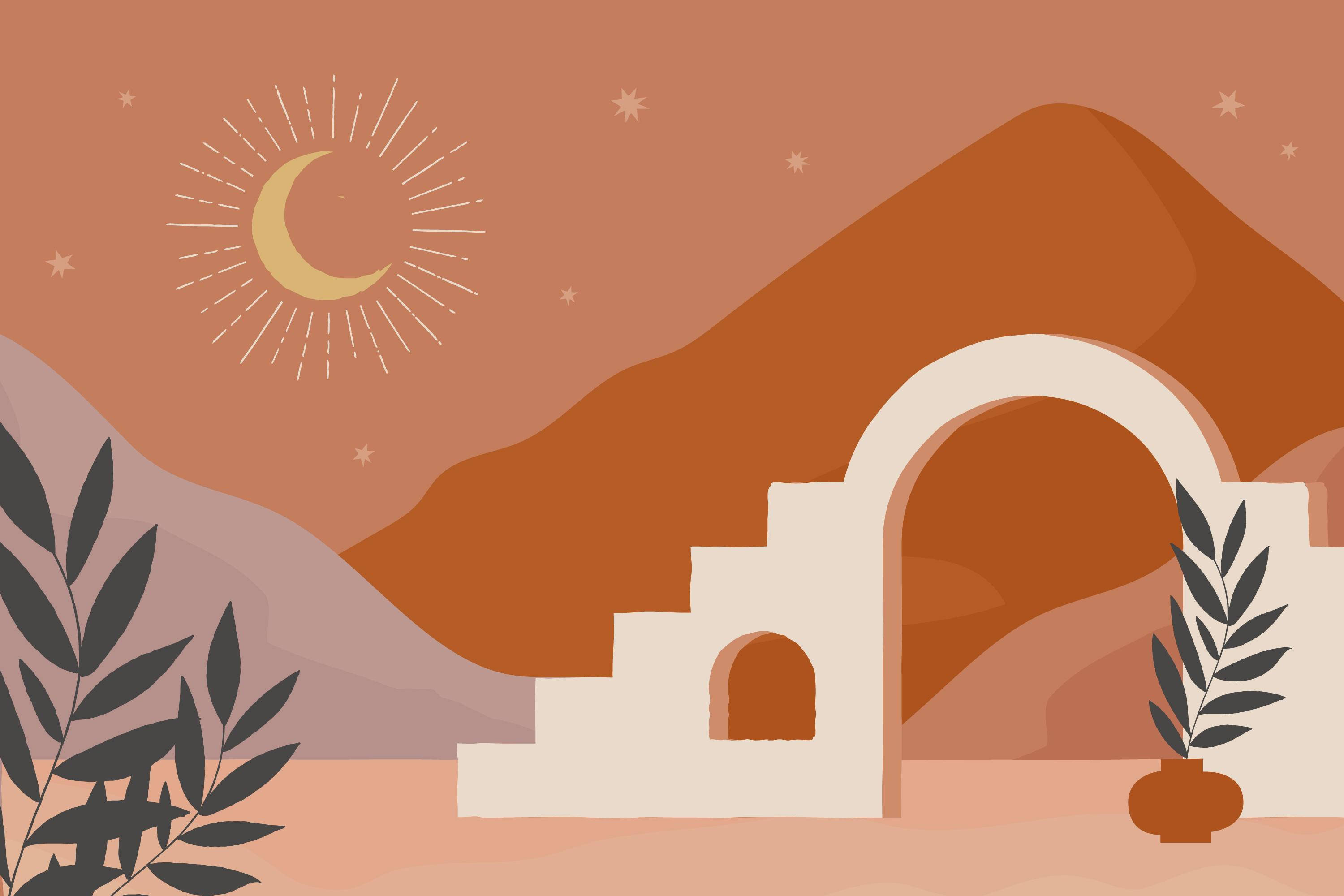 desert archway, crescent moon, stars, 2K Desktop Wallpaper
