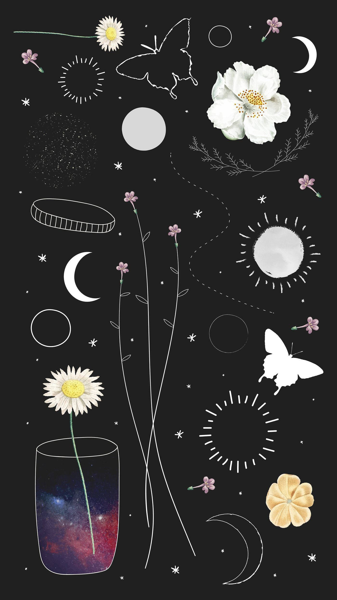 Aesthetic Boho, white line drawings, flowers, Full HD Phone Wallpaper